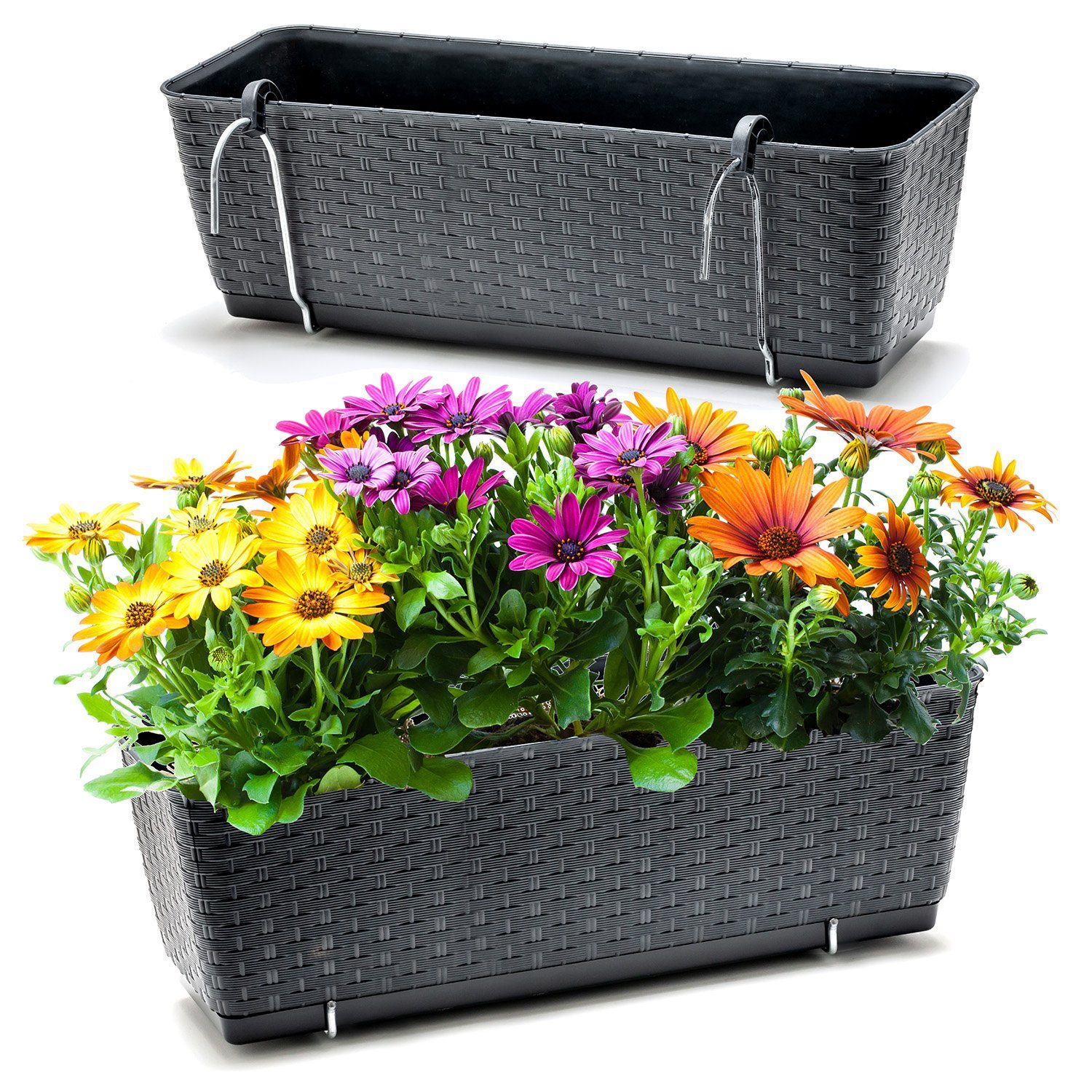 BigDean Blumenkasten 2x Bewässerungssystem + Halterung Rattan-Optik Anthrazit 49x17x17cm (Set, 2 St., Balkonkästen), Bruchfest, Bewässerungssystem, Wasserspeicher, Halterung