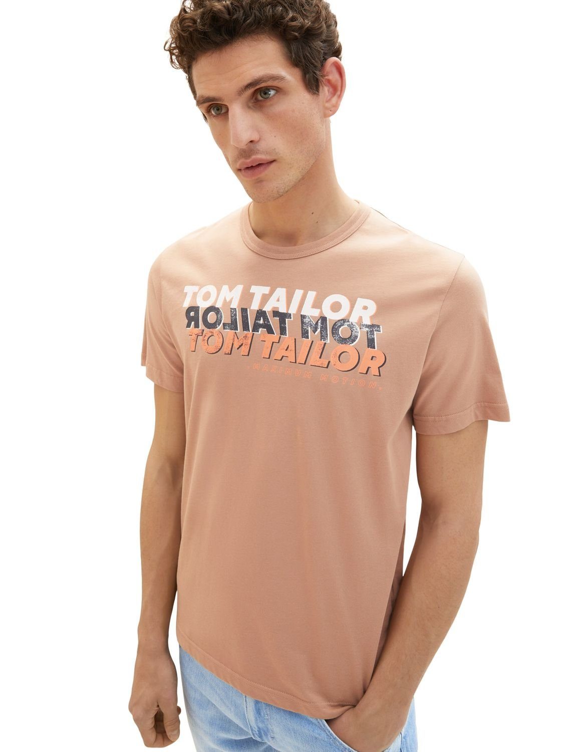 TOM TAILOR T-Shirt WORDING LOGO (1-tlg) aus Baumwolle Desert Fawn 24048