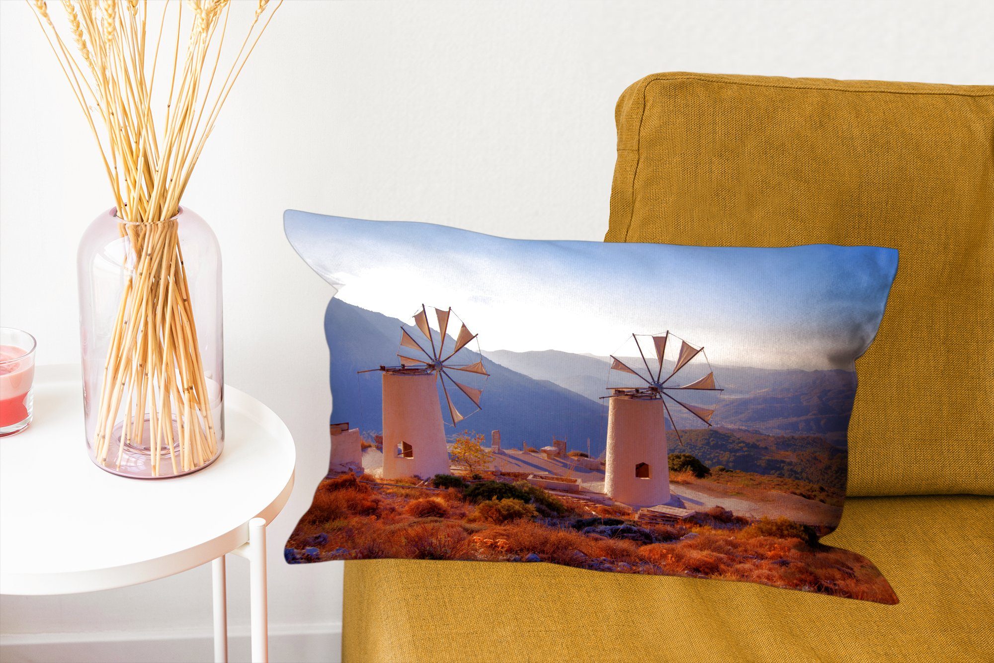 Zierkissen, Dekoration, - Windmühle - Dekokissen Kreta Dekokissen Wohzimmer Füllung, Griechenland, MuchoWow Schlafzimmer mit