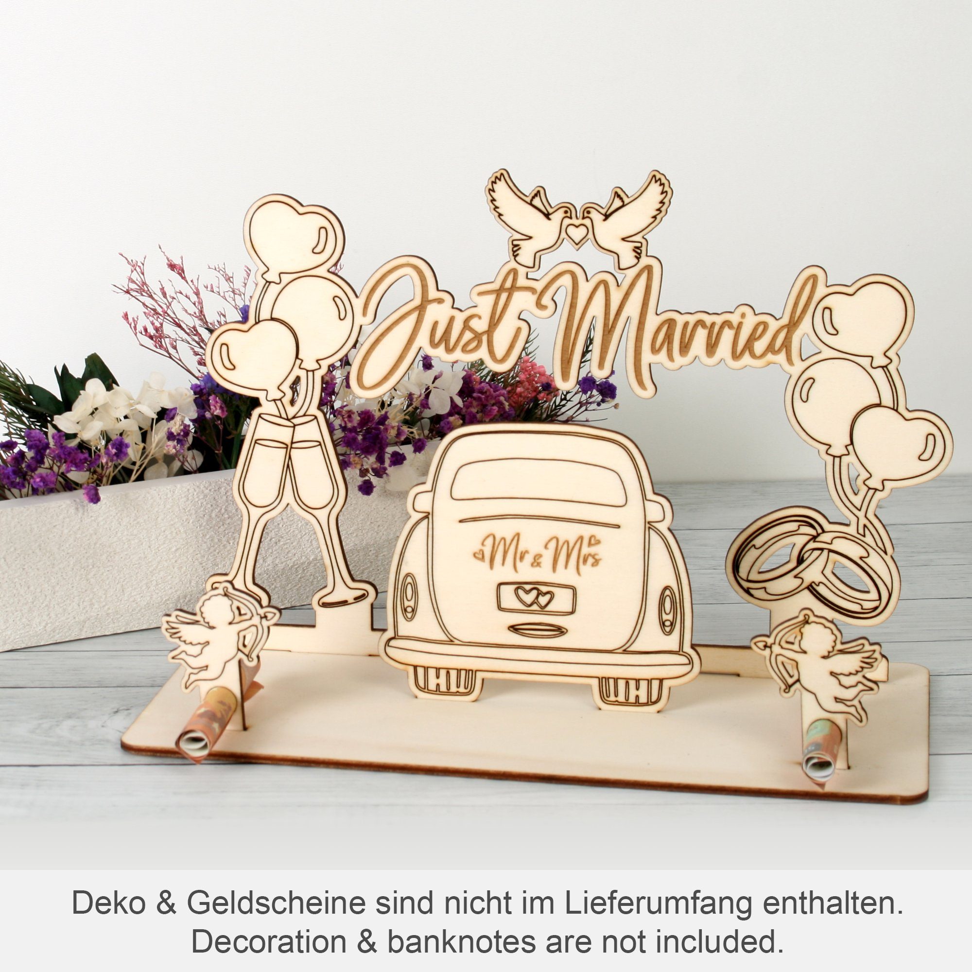 Geschenk-Aufsteller Hochzeitskarte 3D Dekorativer „Just Geldgeschenk-Deko originelle Holz Feder Hochzeit, Kreative Married“ zur aus
