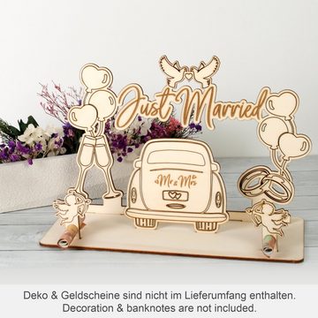 Kreative Feder Hochzeitskarte Dekorativer 3D Geschenk-Aufsteller „Just Married“ zur Hochzeit, originelle Geldgeschenk-Deko aus Holz