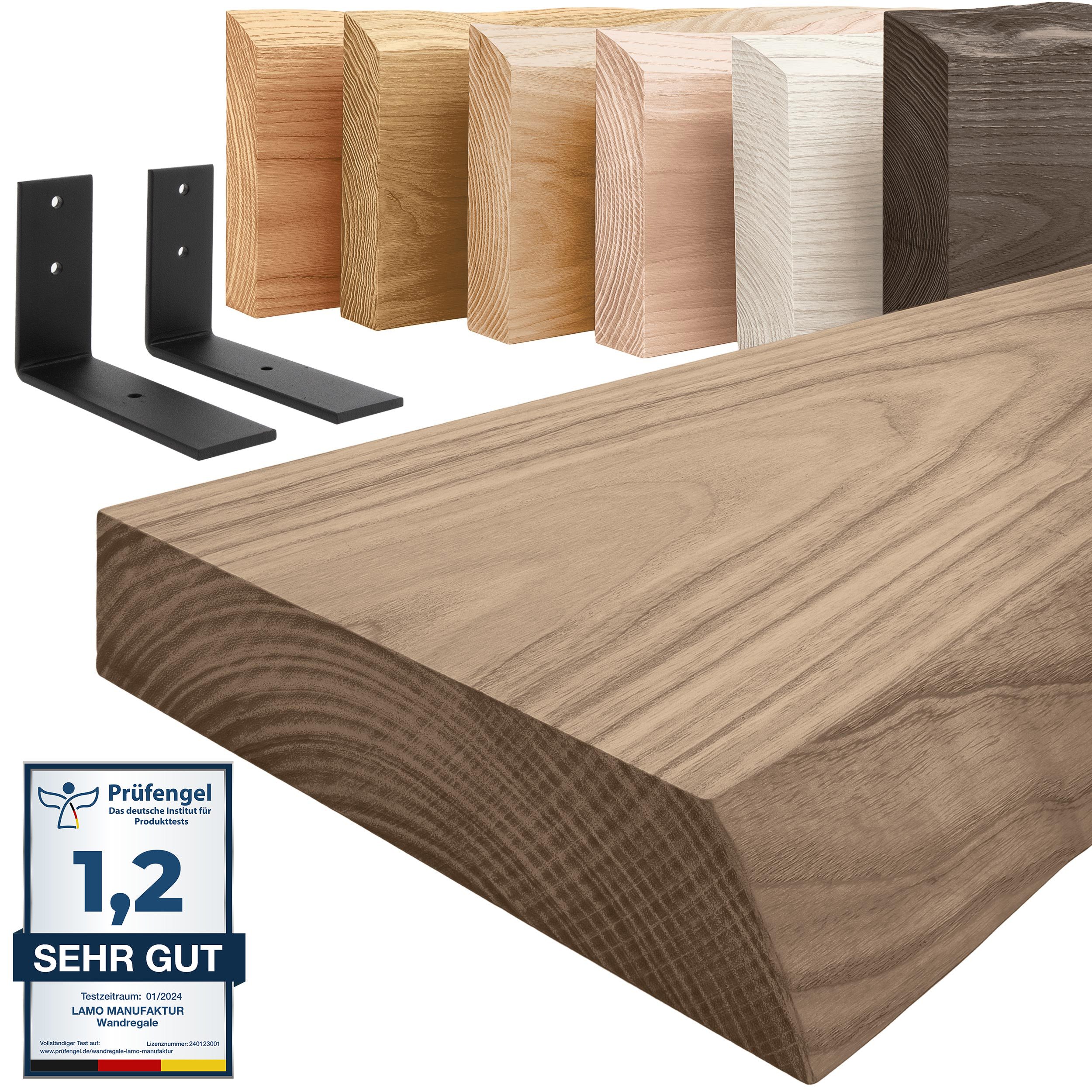 LAMO Manufaktur Wandregal Holz Baumkante Regal Farbe: Nussbaum mit schwarze günstig online kaufen