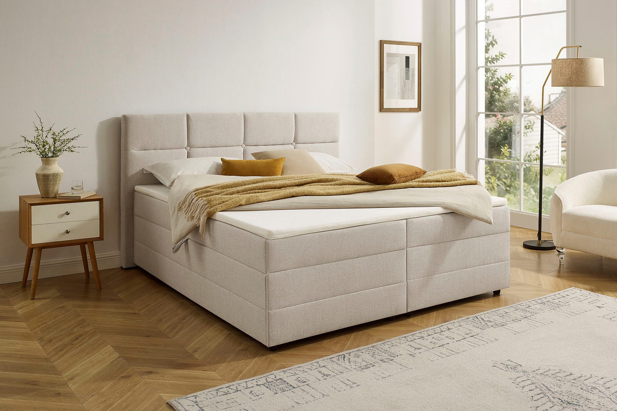 OTTO home Boxbett FILLMORE, Polsterbett mit Bettkasten und Taschenfederkernmatratze H3, mit Kaltschaumtopper, Strukturstoff-Bezug, 140x200 & 180x200 cm