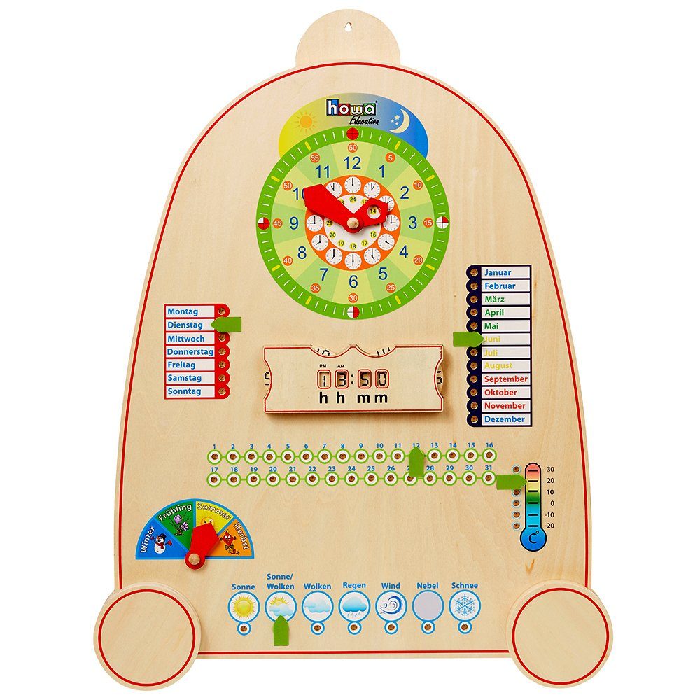 howa Lernspielzeug Kalenderuhr, Lernuhr aus Holz mit Kalender, Jahreszeiten und Wetter