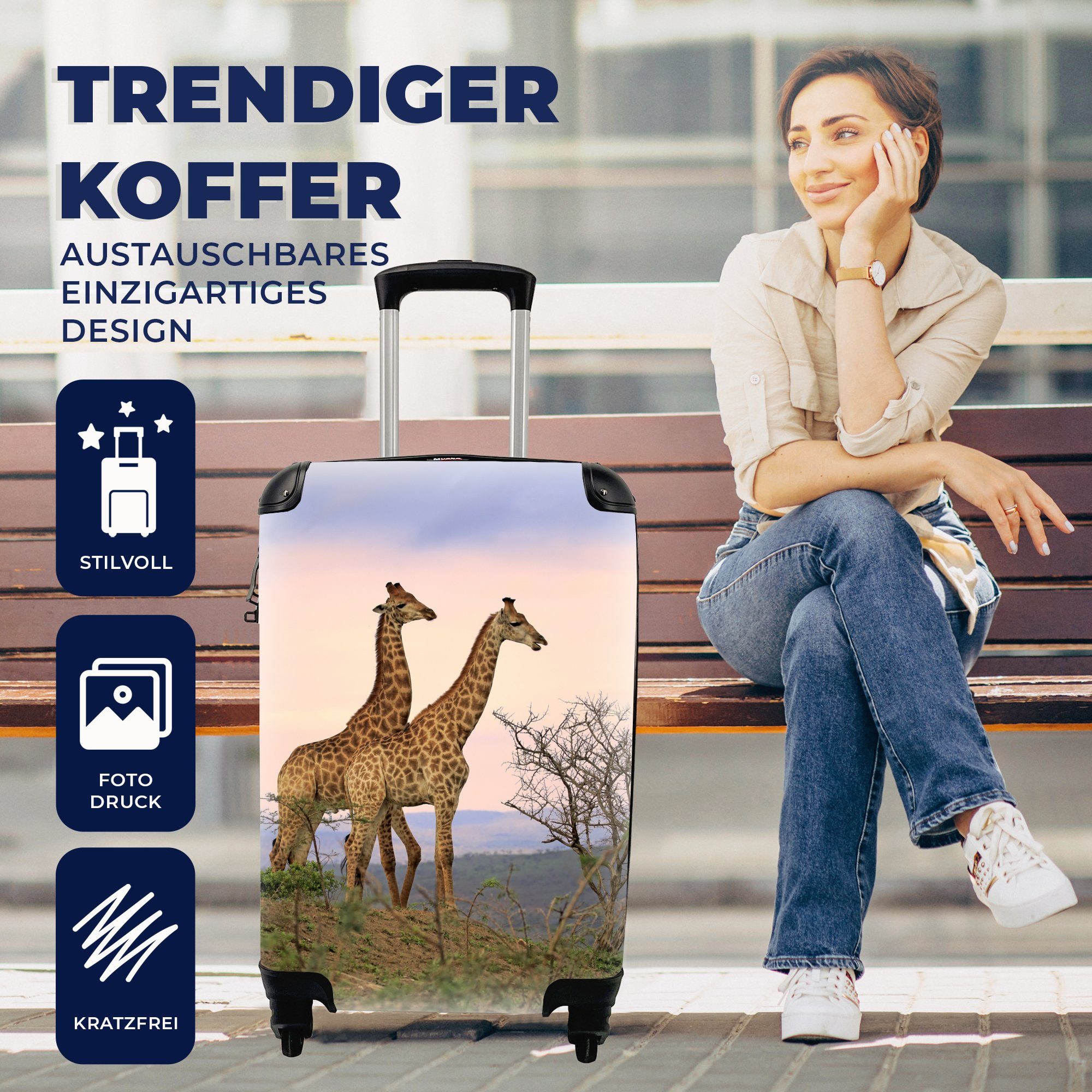 MuchoWow Handgepäckkoffer Giraffen - Himmel - Landschaft, 4 Rollen, Reisetasche mit rollen, Handgepäck für Ferien, Trolley, Reisekoffer