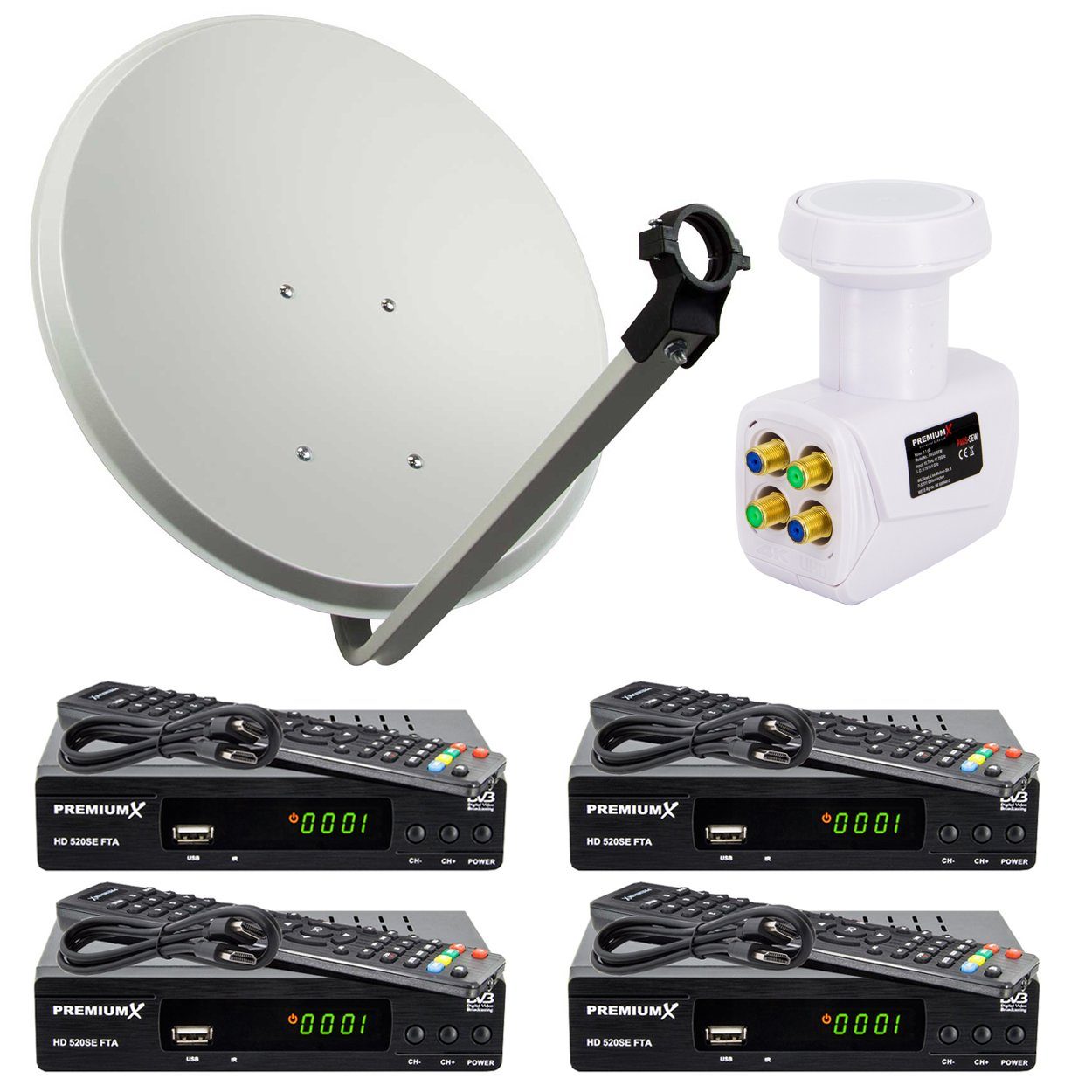 PremiumX Satelliten-Komplettanlage 4 Teilnehmer 80cm Satellitenschüssel  Hellgrau SAT Quad LNB 4x Satelliten-Receiver DVB-S2 HDTV SAT-Antenne