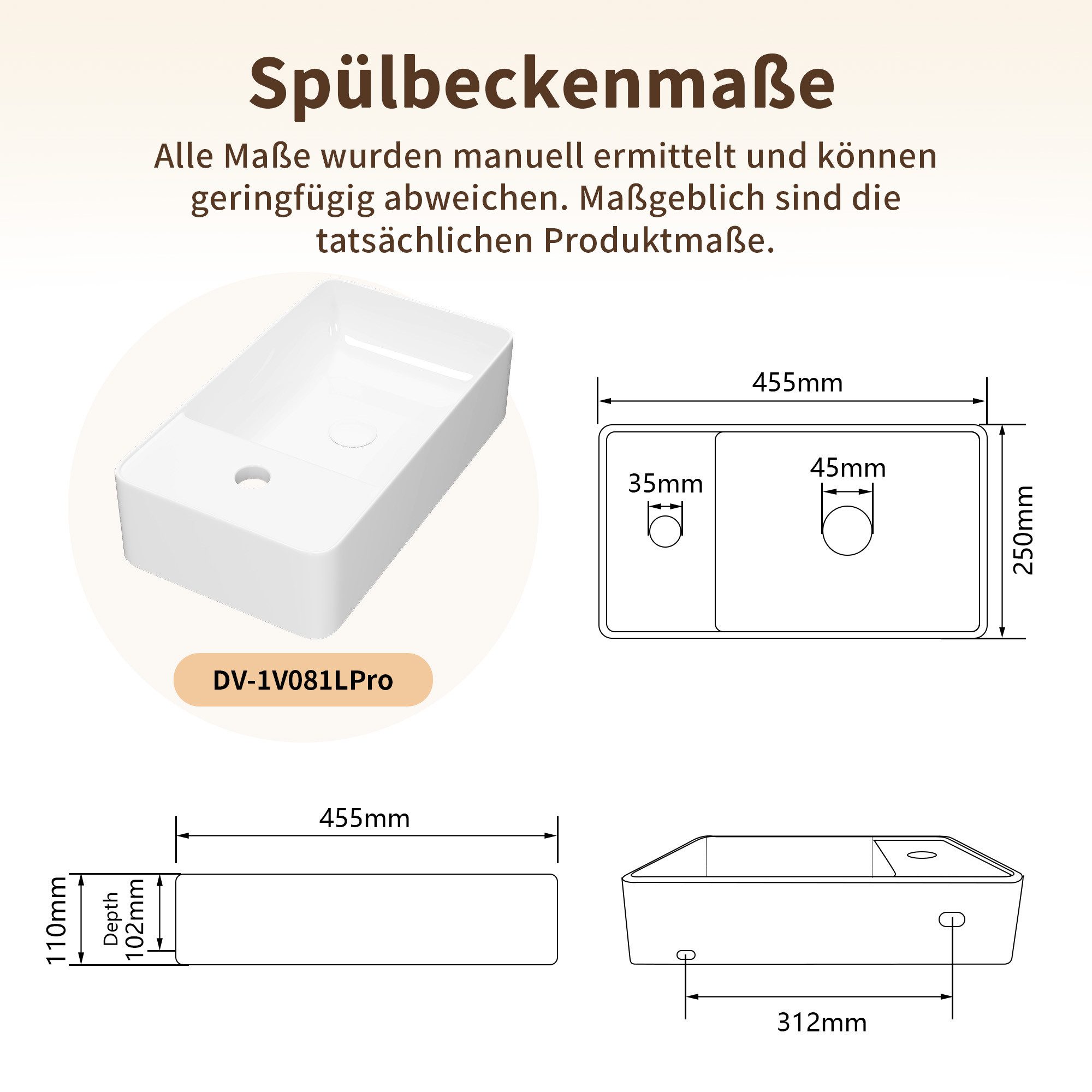 DeerValley Waschbecken Kleines Waschbecken für Gäste-WC zur Wandmontage (Set, Mit Waschbecken und Ablaufgarnitur, ohne Wasserhahn)