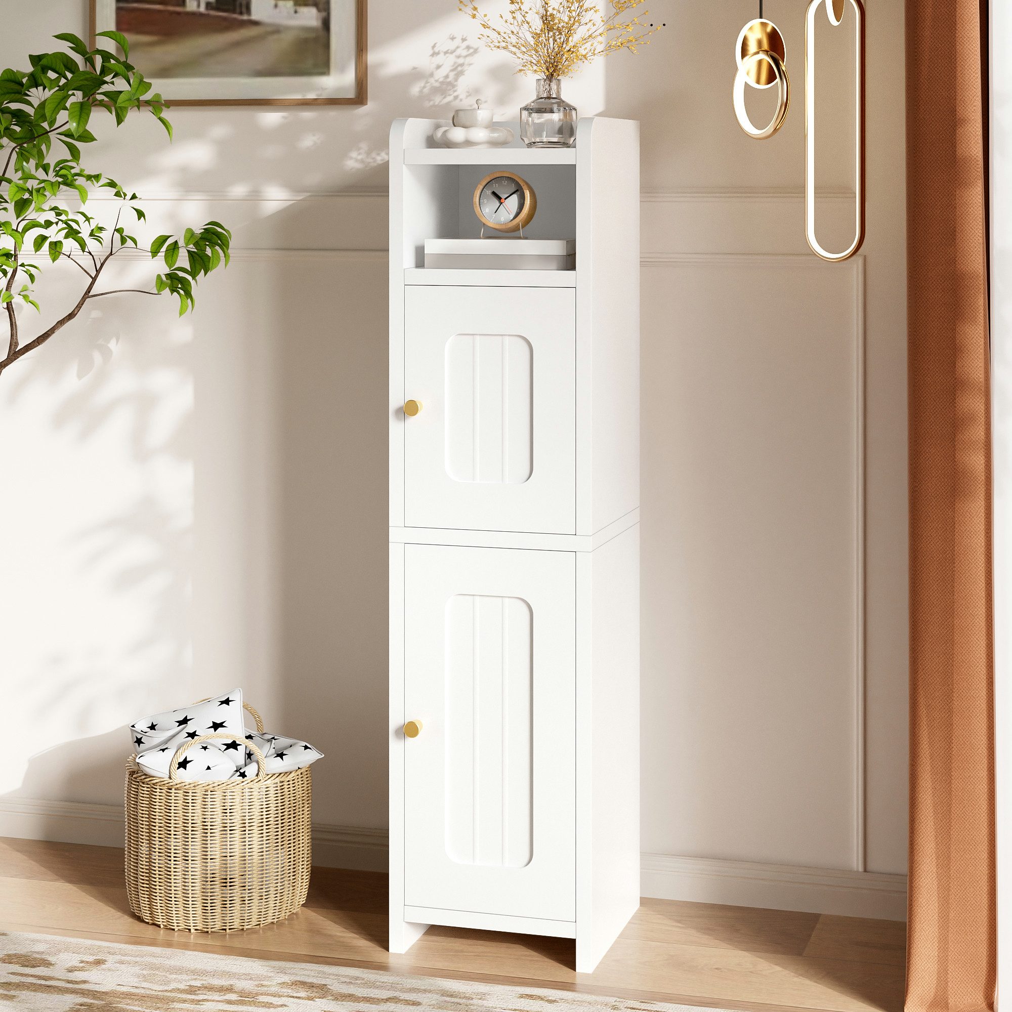 GLP Badkommode Badezimmerschrank Nischenschrank schmal mit 2 Türen, 20 x 20 x 80 cm, mit offenem Fach und verstellbarem Einlegeboden