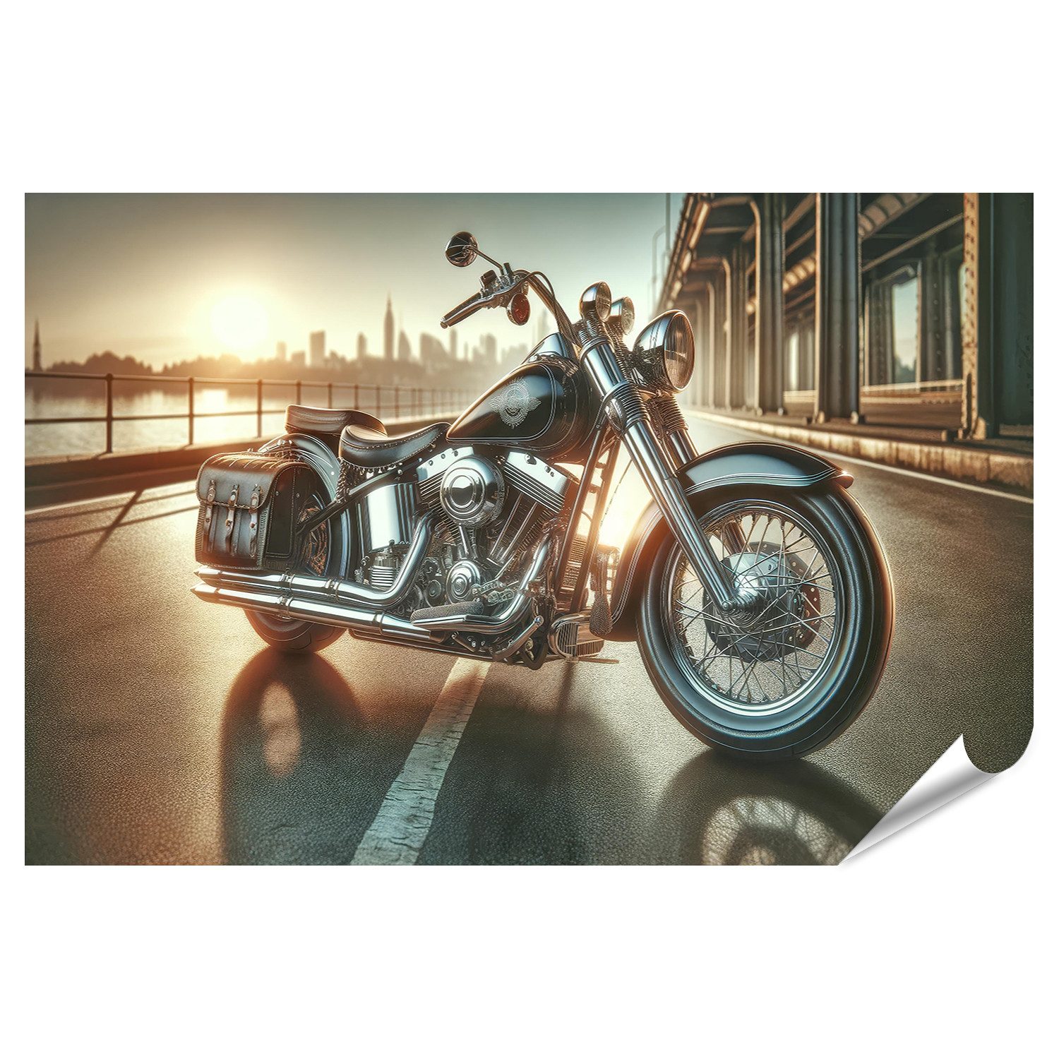 Poster Detailreiche Harley Fat Boy Chrom und Schwarz ikonisch