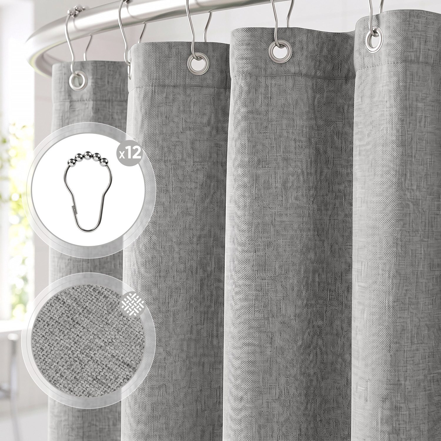 Sekey Duschvorhang Textil Duschvorhang Wannenvorhang Waschbar wasserabweisend mit Ringe Breite 180 cm (Packung, inkl. 12 Ringe), Badewannenvorh, 100% Polyester, – Bild 2 von 5
