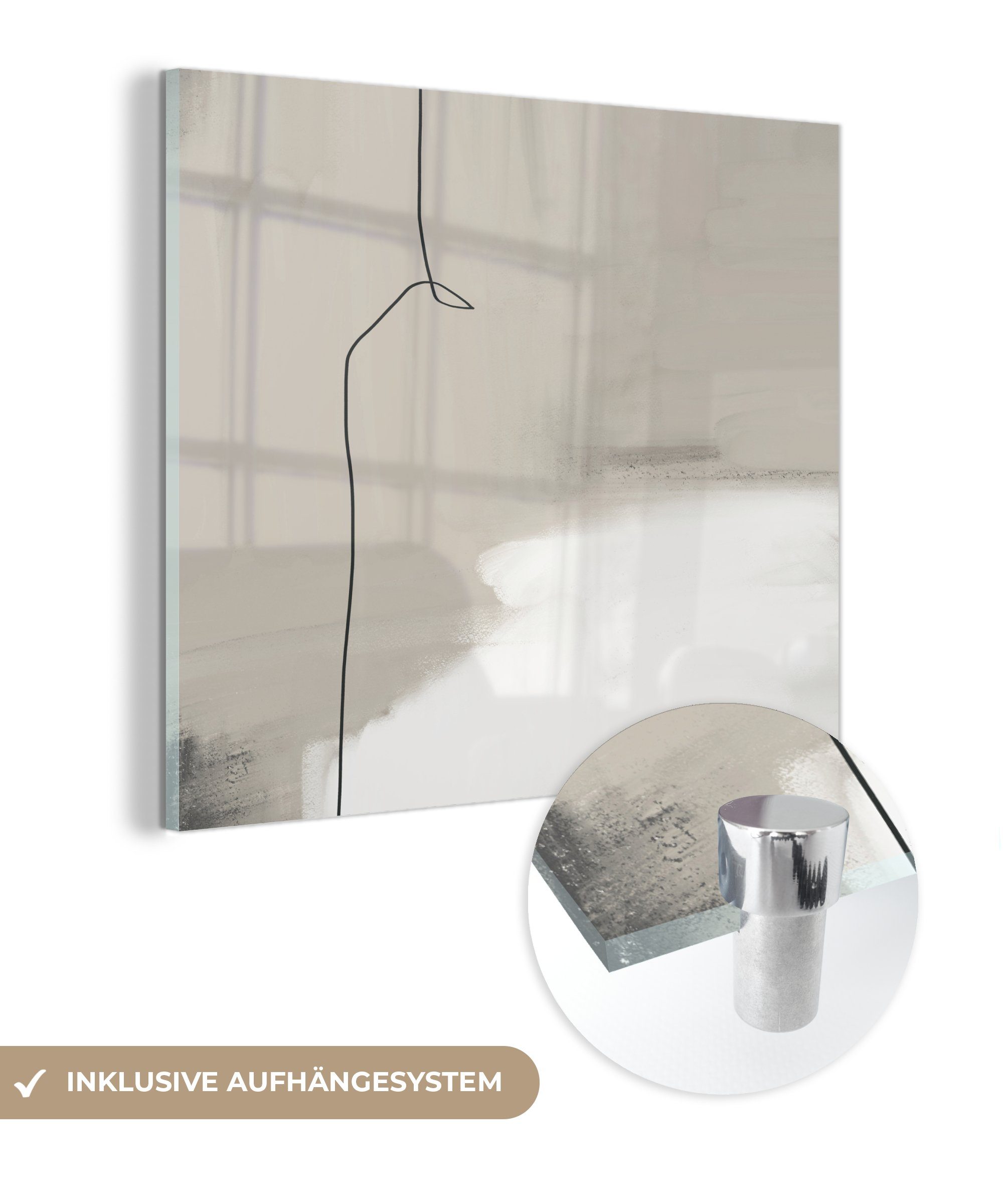 MuchoWow Acrylglasbild Abstrakt - Taupe - Linie - Design, (1 St), Glasbilder - Bilder auf Glas Wandbild - Foto auf Glas - Wanddekoration