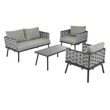 XDeer Gartenlounge-Set Verzinktem Stahlgestell Tischplatte aus Glas PE-Rattan Kissen, 4-teiliges Esstisch-Set, 1 2-Sitzer-Sofa, 2 Einzelstühle, 1 Tisch