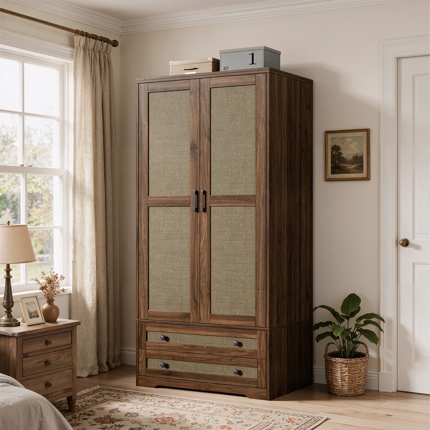 PEALOV Kleiderschrank mit 2 Türen und 2 Schubladen, Braun, 75 x 180 x 50 cm (2-St) Schlafzimmer Schrank mit Kleiderstange und Ablagefächern