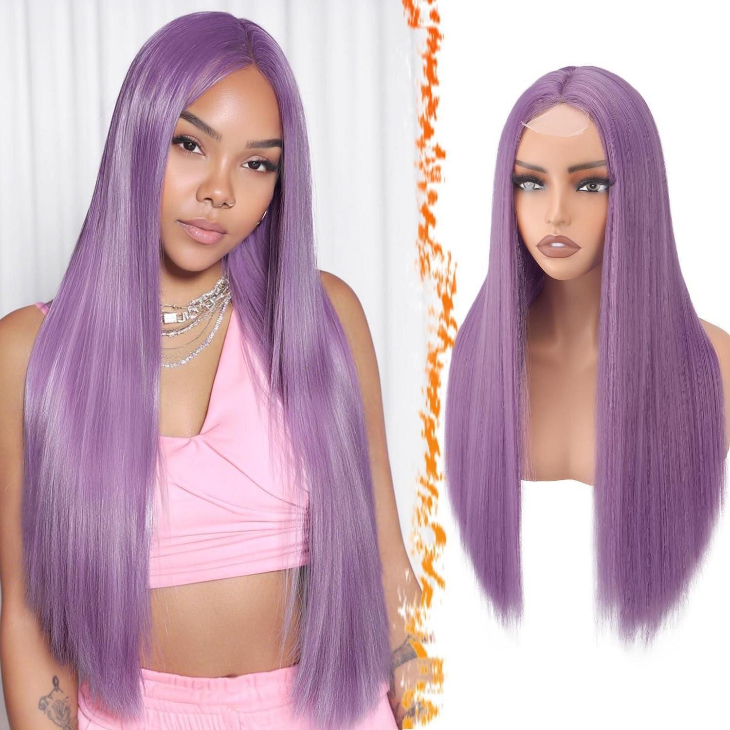 LuxusKollektion Kunsthaarperücke Perücke Damen Mittelscheitel Spitzenfront Party Cosplay Lila 71cm