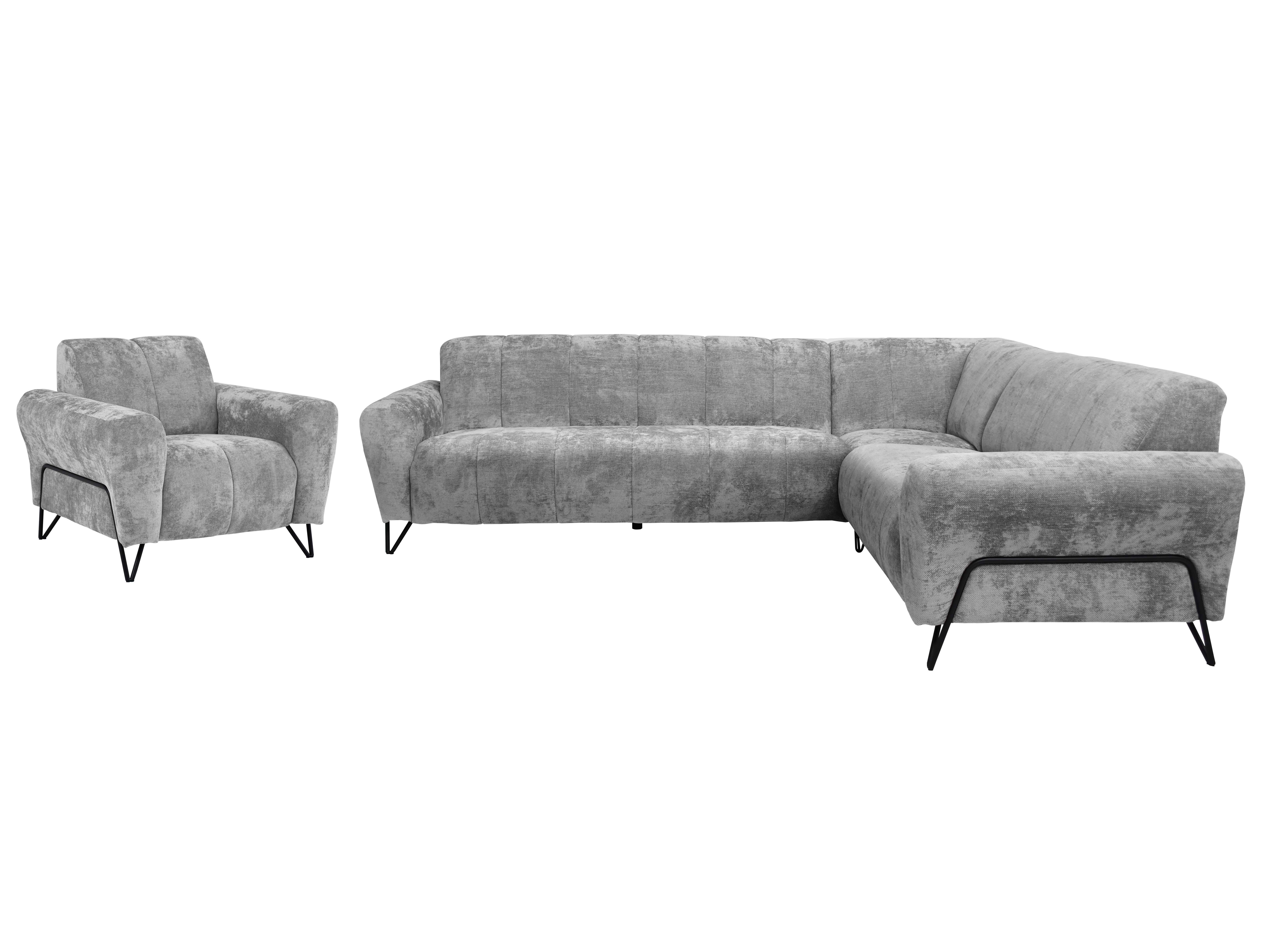 Beautysofa Polstergarnitur im modernen Stil auf hohen Metallbeinen VOLARE, (Sofagarnitur aus Chenille-Stoff, Beige Grau, Ecksofa L + Sessel Set moderne Couchgarnitur), HR-Schaum, Wellenfederung, freistehend