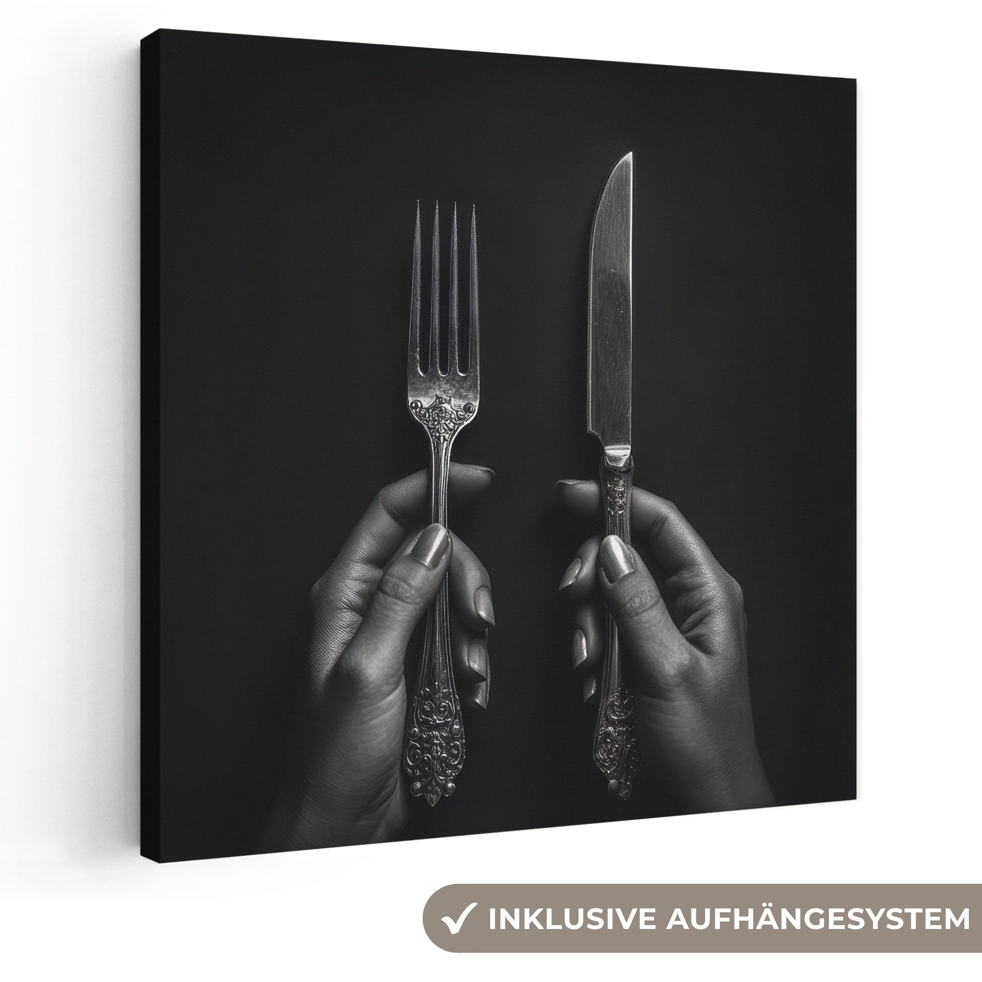 OneMillionCanvasses® Leinwandbild Besteck - Schwarz - Weiß - Küche, Fotodruck (1 St), Wandbild, Deko Schlafzimmer Wohnzimmer Flur 20x20 cm