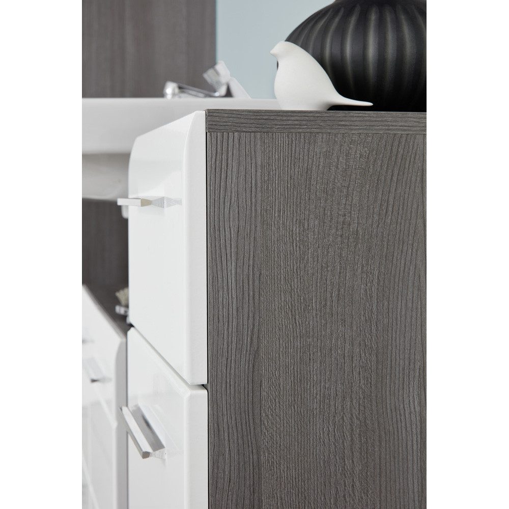 Lomadox Unterschrank LISBOA-19 Badezimmer in Weiß Hochglanz mit Sardegna Rauchsilber, : 30/80/31 cm