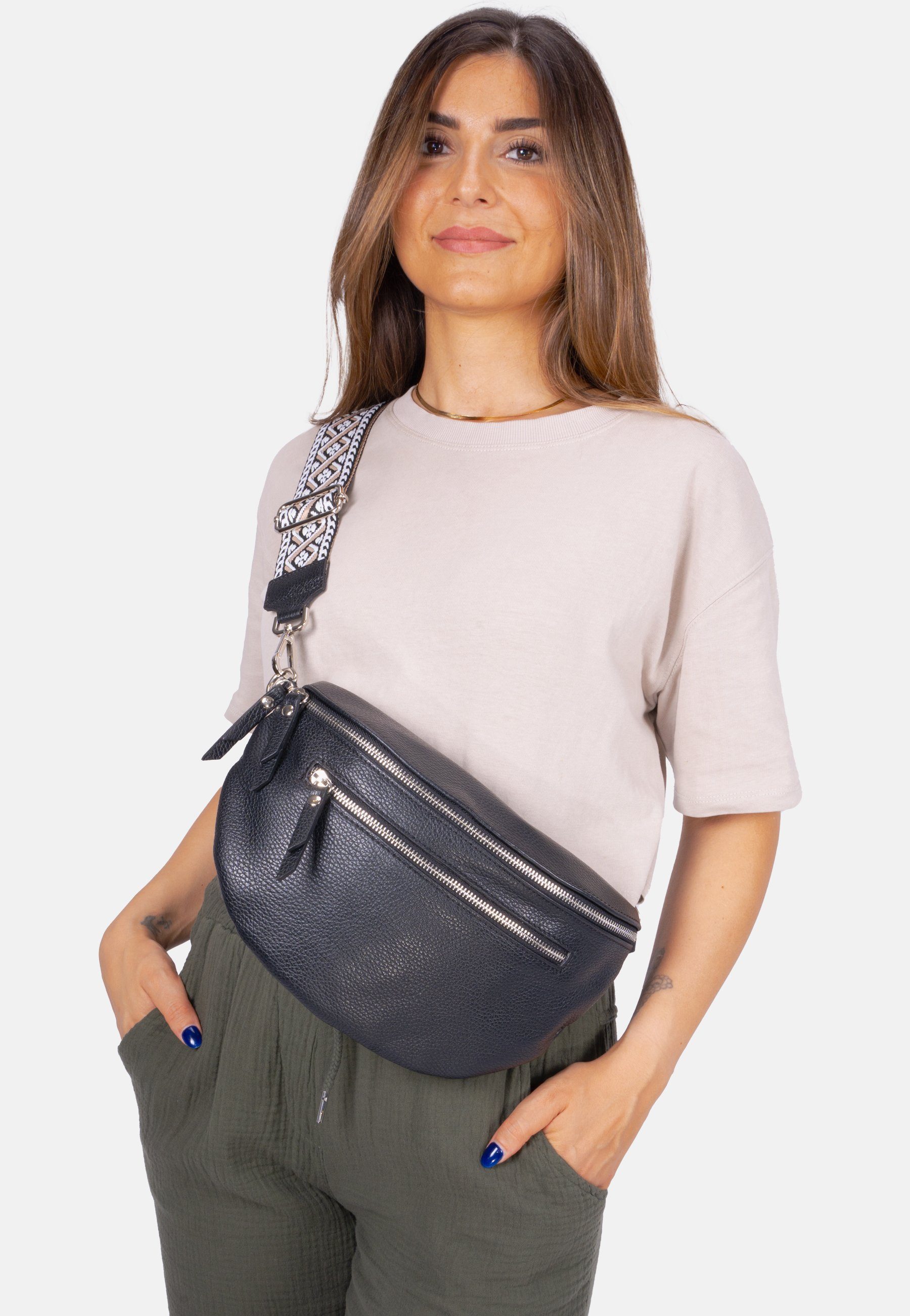 Seasons of April Umhängetasche Crossbody Bag Ella, Große Umhängetasche aus 100% Leder mit breitem Gurt und 2 Zipper