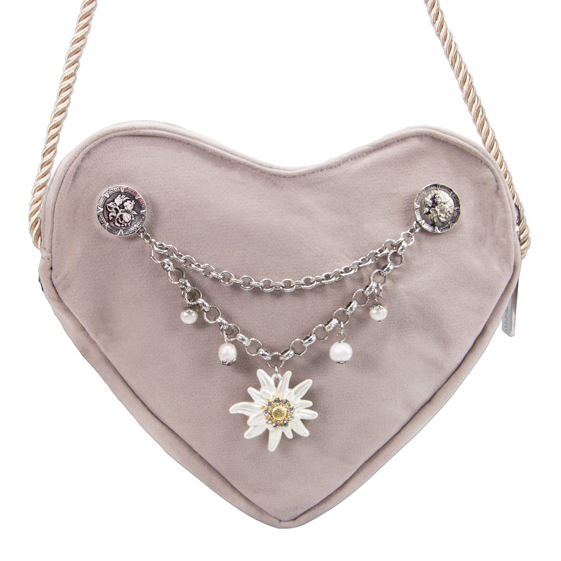 Alpenflüstern Schultertasche Herztasche Strass-Edelweiß Greta Charivari (taupe-grau), - Damen Trachtentasche in Herzform, Schultertasche fürs Dirndl, Herz H – Bild 3 von 3