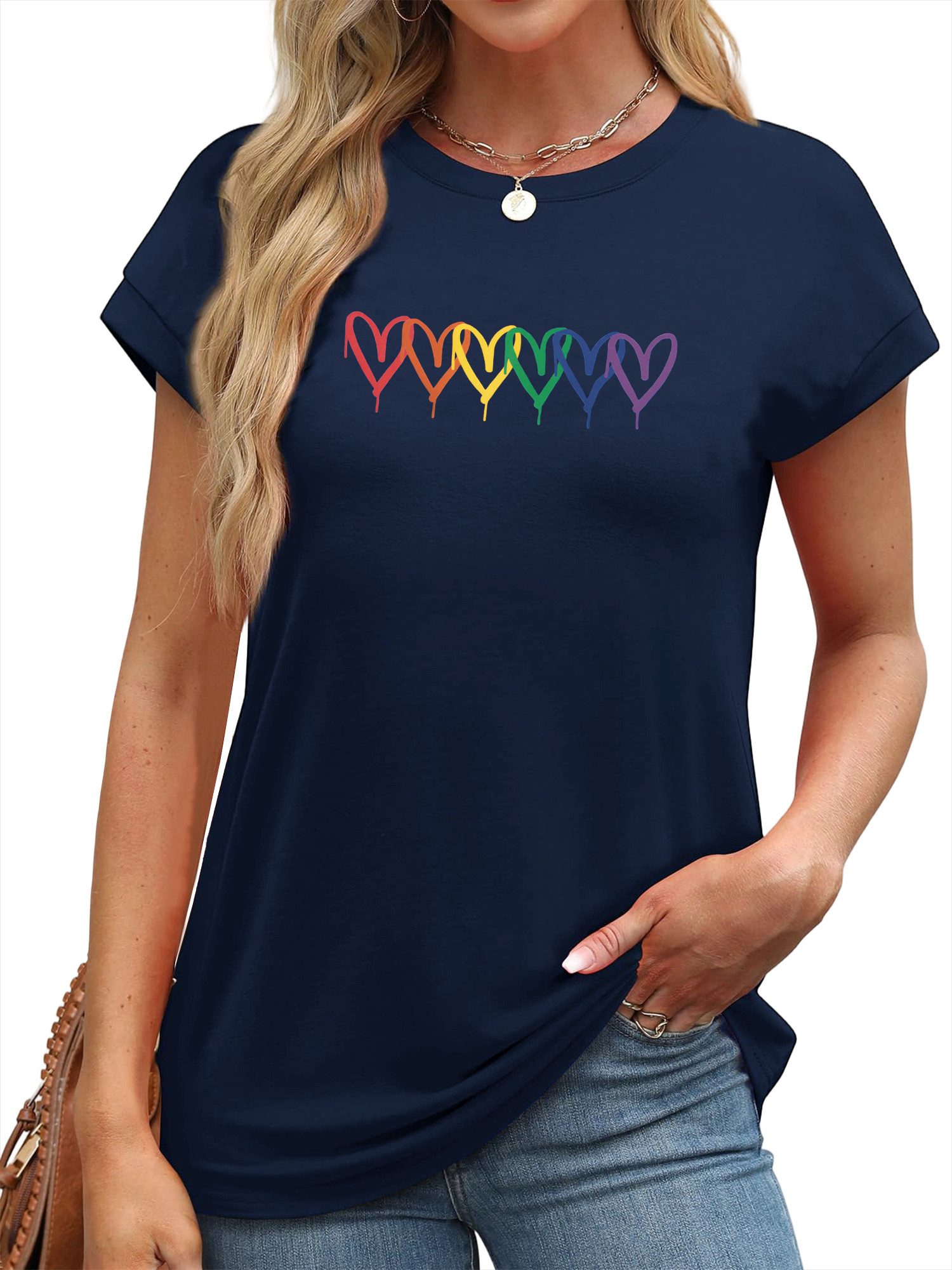 PYLIKE Kurzarmshirt Damen Casual Achselhemd mit Liebe Druck bequemes Rundhalsshirt Modische Outfits Business Strand Urlaub Blusen Kleidung