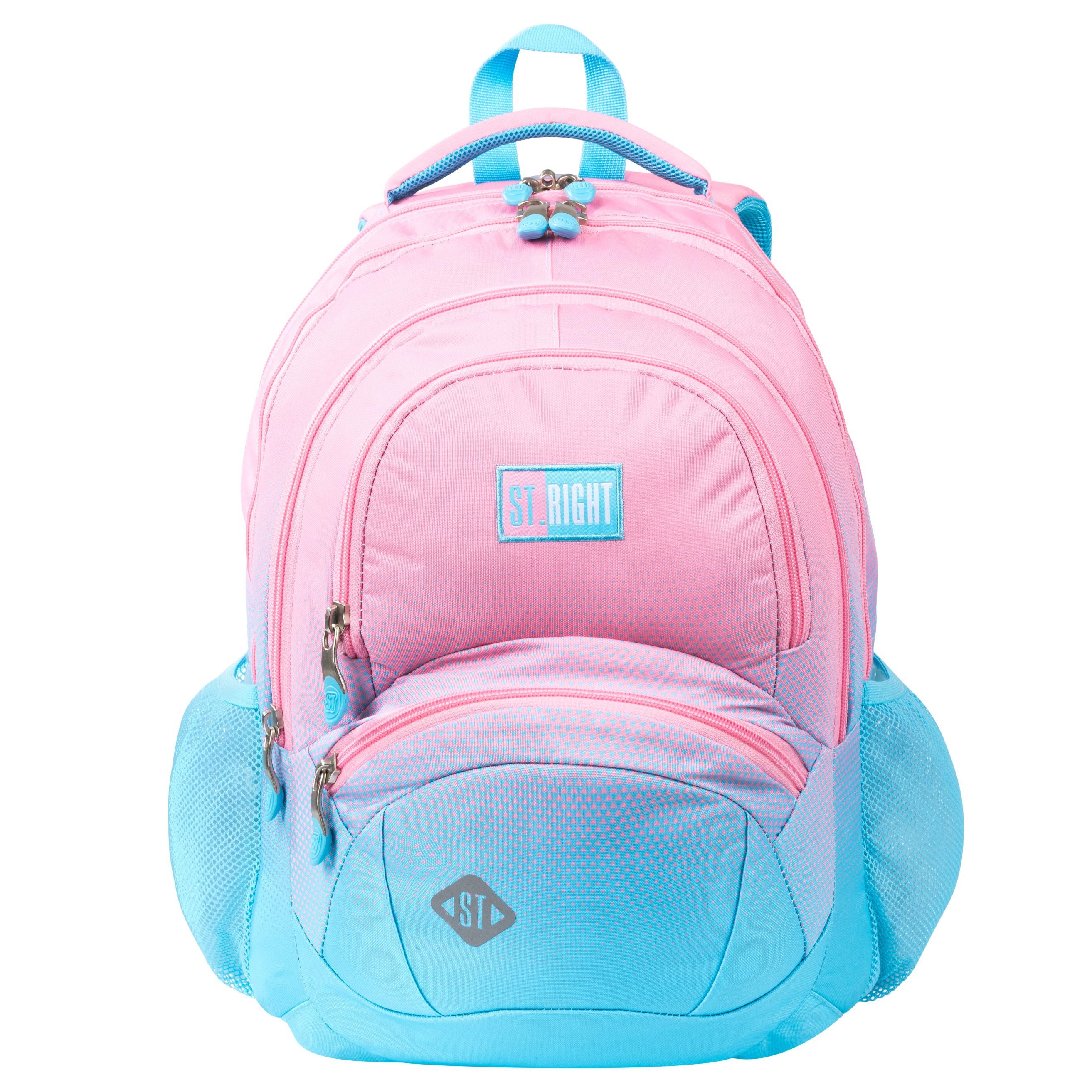 KiddiBex Schulrucksack Teenager Mädchen Schulranzen ab 5. Klasse mit Brustgurt (Set, 3-tlg., Schulrucksack, Federmäppchen, Regenschutz), Rucksack Schule Mädchen, Ergonomischer Schulranzen Pink Blau Gradient