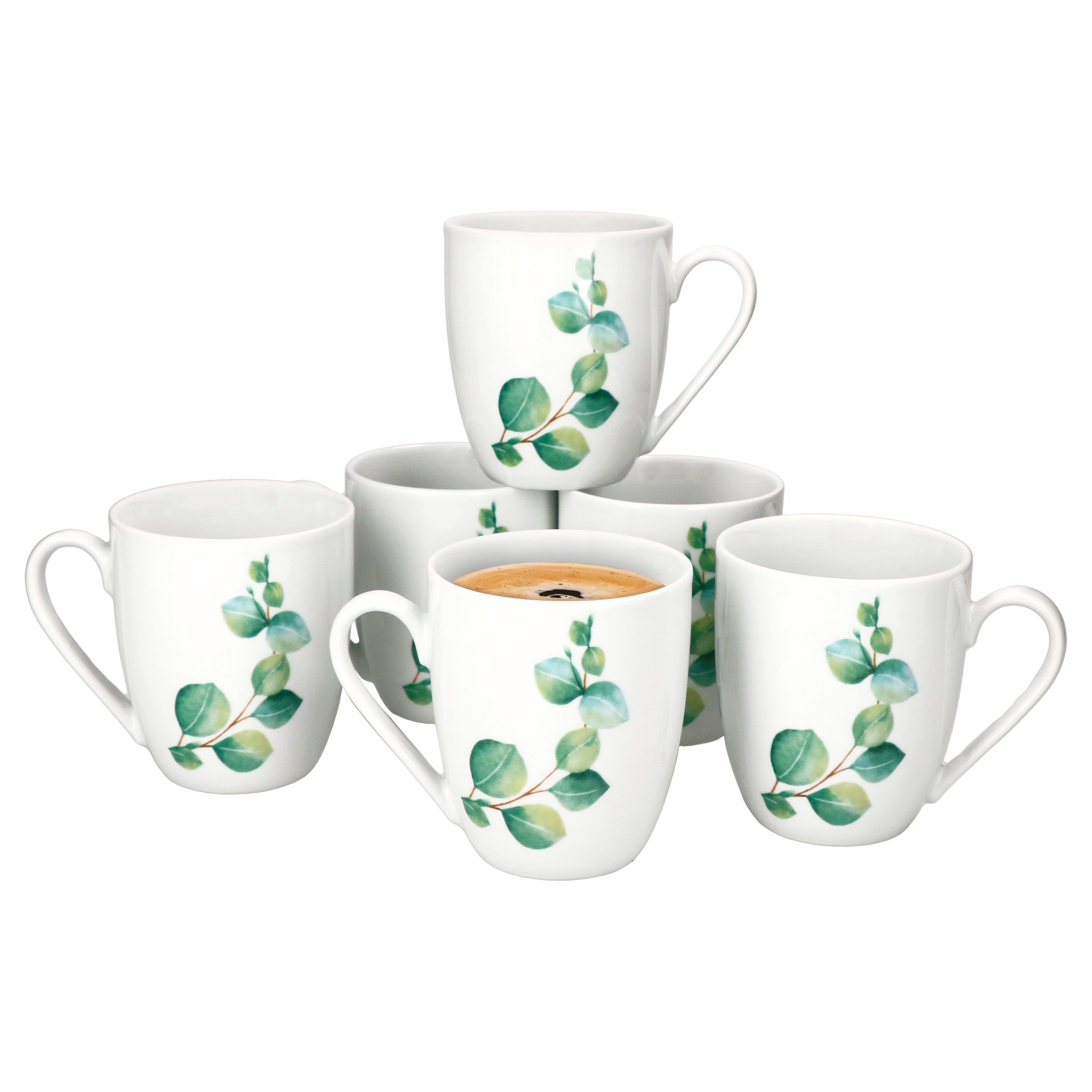MamboCat Becher 6x Eukalyptus Kaffeebecher 340ml H10,5cm Porzellan-Tassen 6 Personen, Porzellan