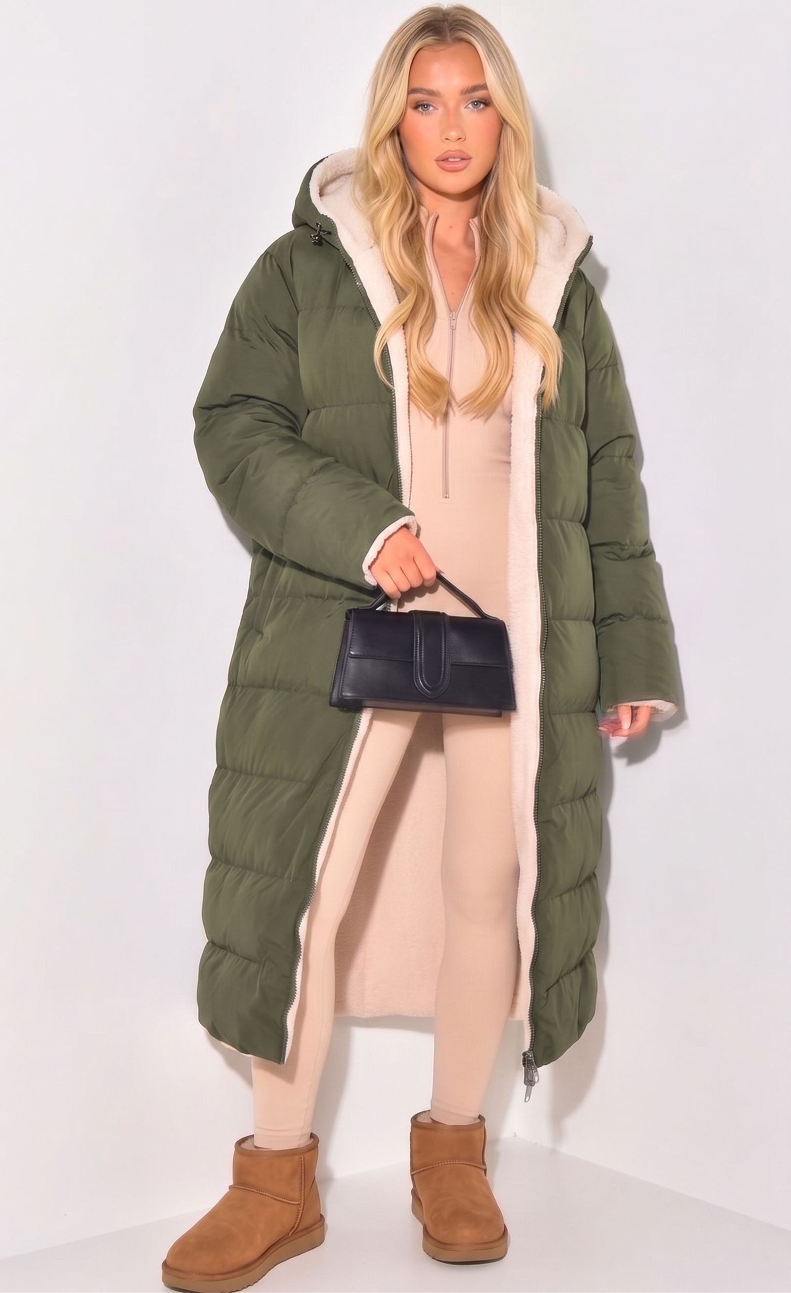 Copperose Winterjacke Wende-Wintermantel Oversized langer Stepp- und Teddyfell-Mantel 7591 mit Kapuze