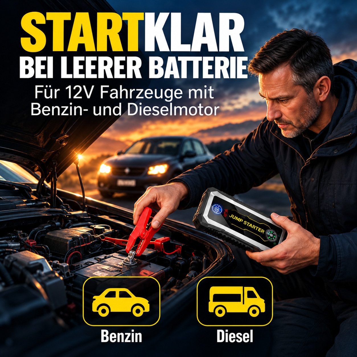 ibettertec Notfallstarter fürs Auto mit Powerbank und LED-Taschenlampe Starthilfegerät Batterie Booster für 12-V-Fahrzeuge, Benziner und Diesel, 2 USB-Ausgänge, – Bild 2 von 5
