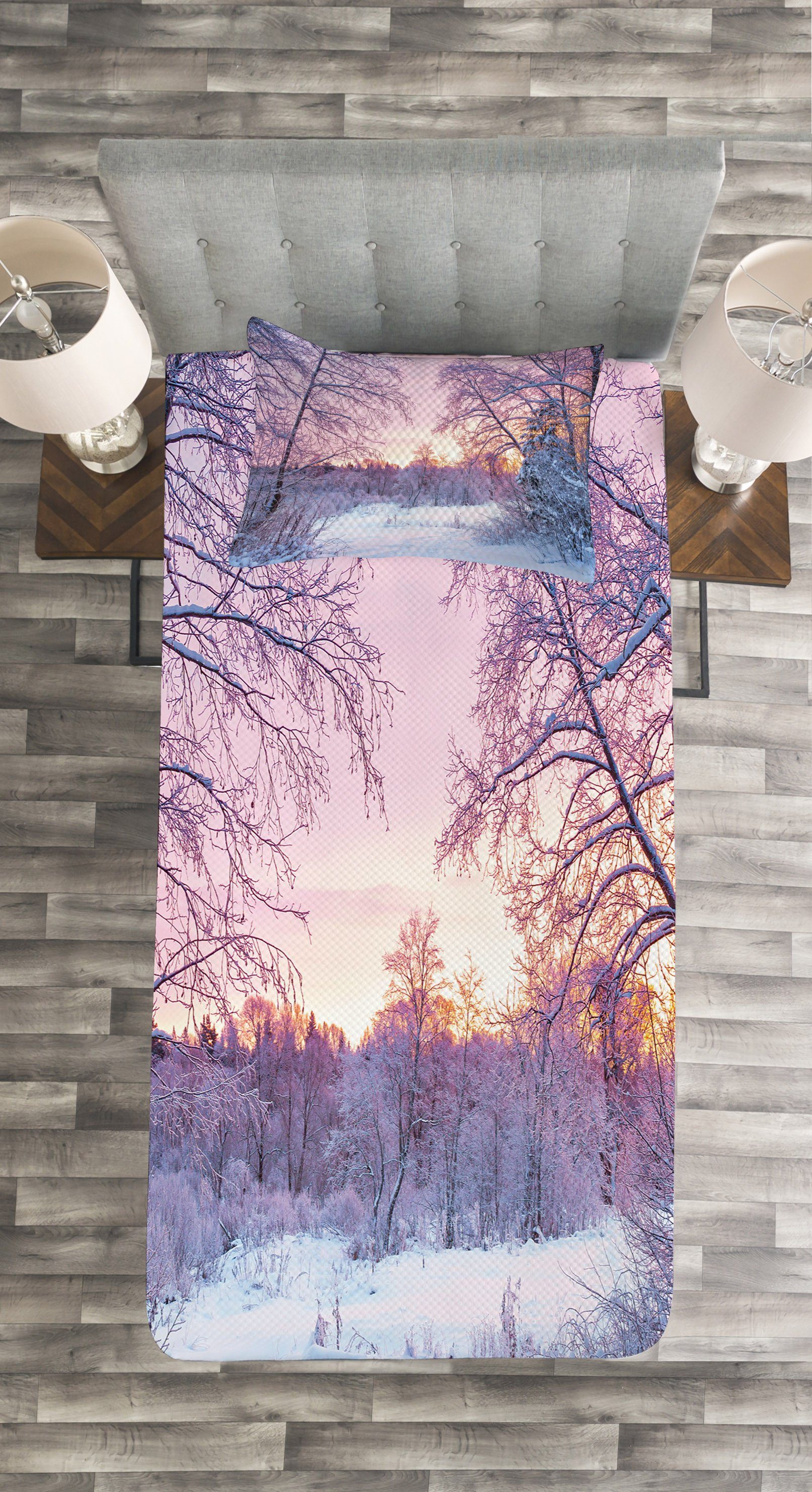 Kissenbezügen Tagesdecke Braches Waschbar, Snowy Landschaft Abakuhaus, Set mit Sunset