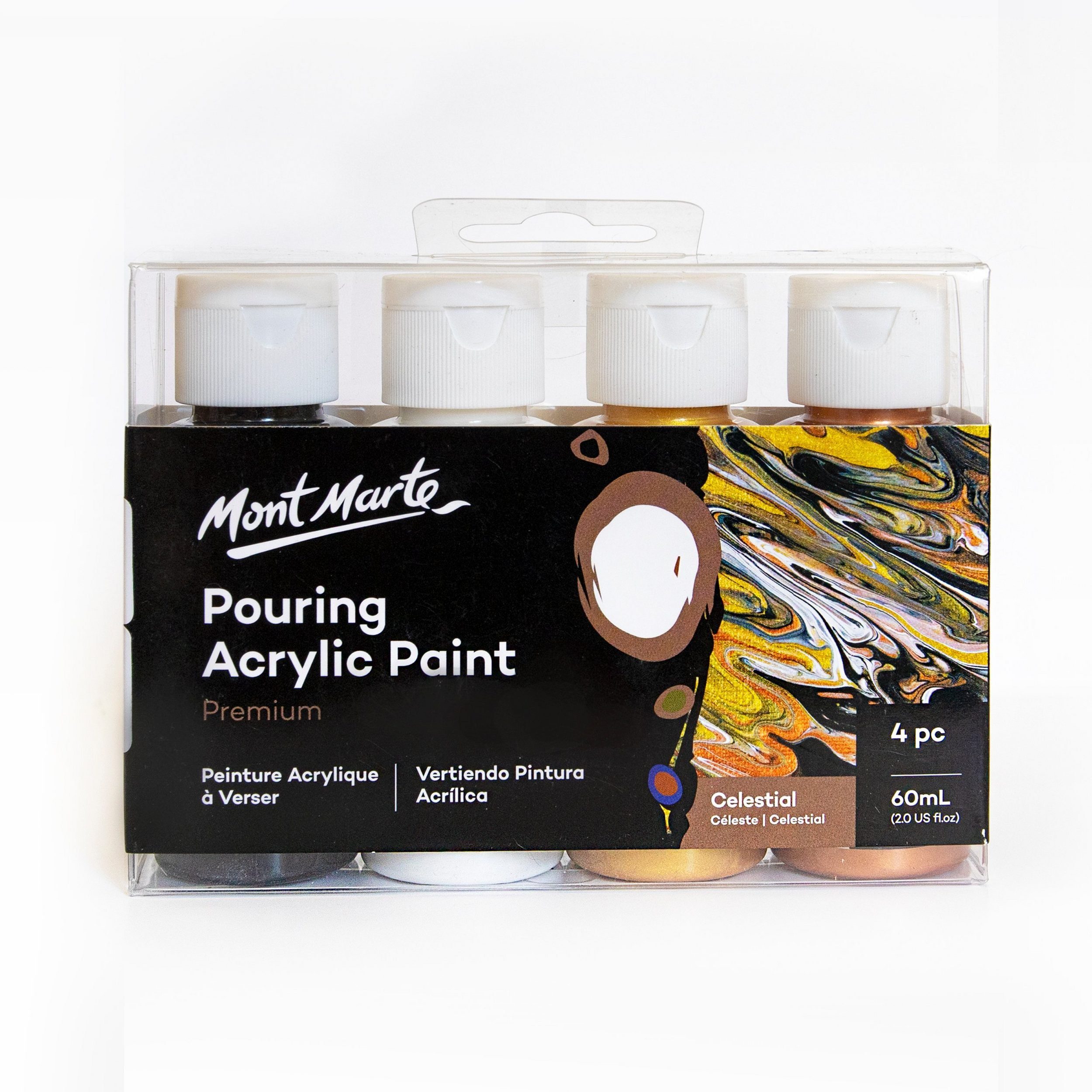 Mont Marte Bastelfarbe PREMIUM Pouring Acrylfarbe, Gieß-Acryl, je 4 x 60 ml, diverse Sets, Untereinander vermischbar & Bereits mit Pouring Medium vorgemischt