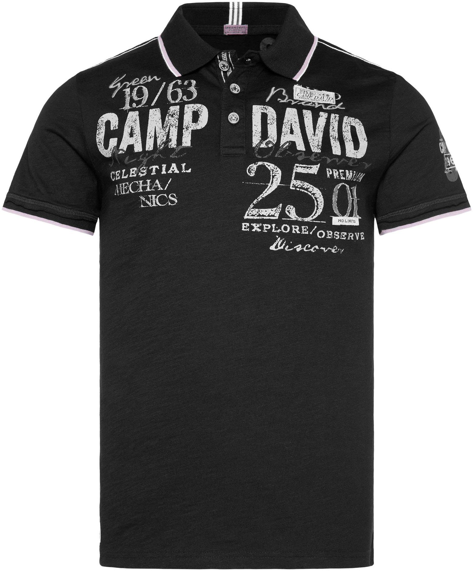 Print, Poloshirt black CAMP Stickereien Logo und DAVID Patches mit