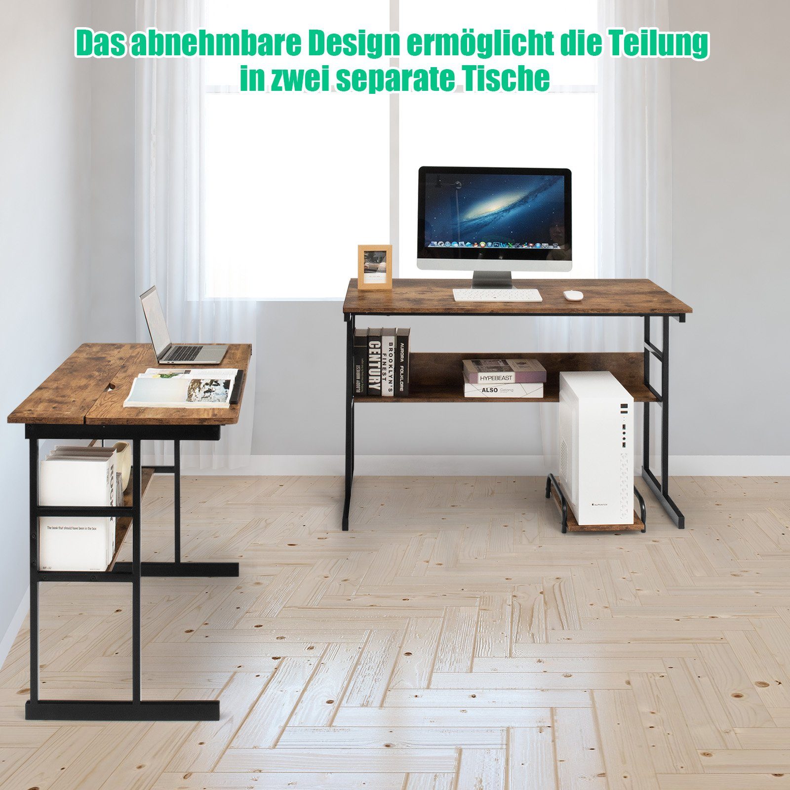 COSTWAY Eckschreibtisch, mit Stauraum, CPU-Ständer & Regal, neigbar, L-förmig