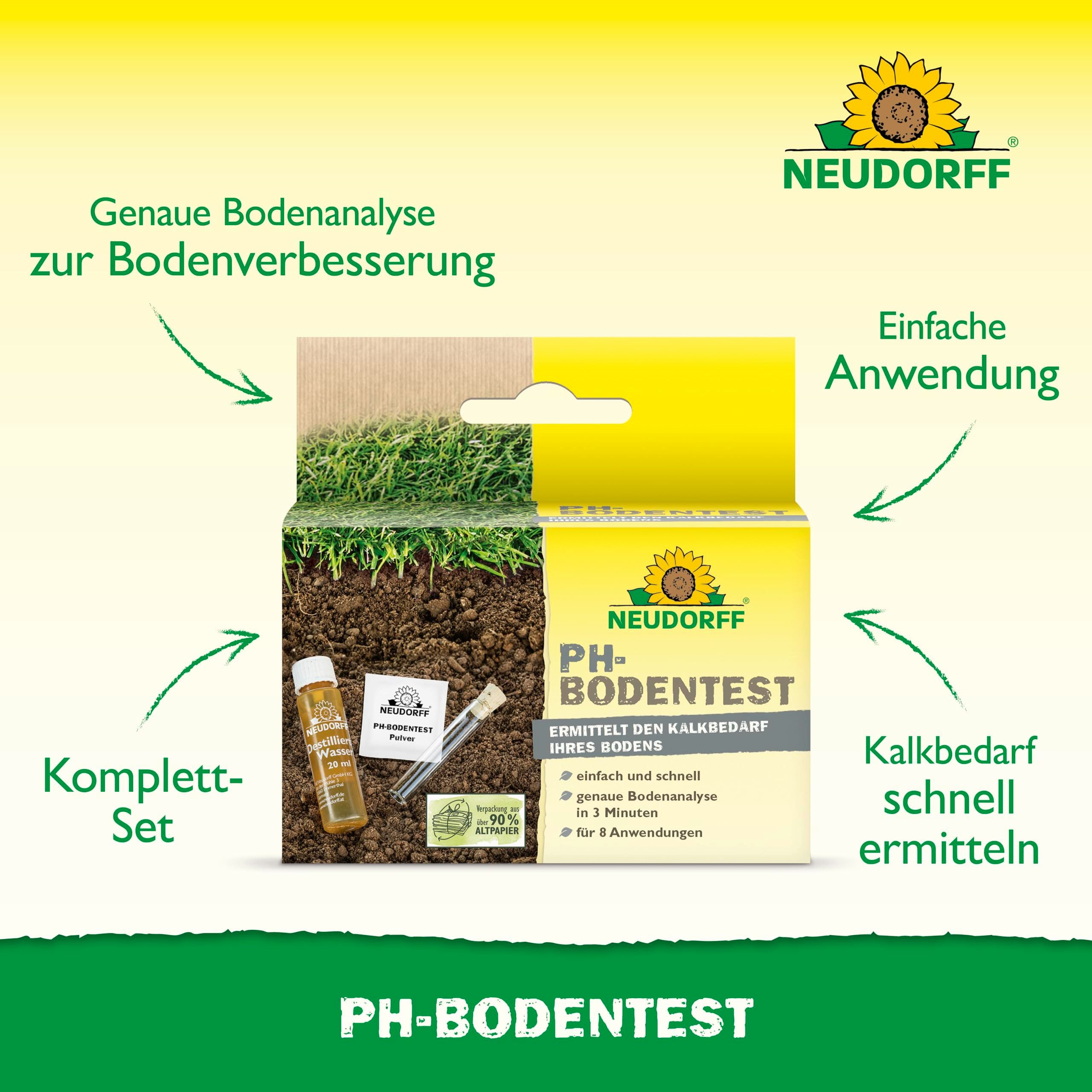 Neudorff Bodentest pH Bodentester für 8 Anwendungen, Zur einfachen und schnellen Ermittlung des pH-Wertes von Kulturböden und des Kalkbedarfs, pH Tester Erde mit beiliegender Tabelle zur Ermittlung des Kalkbedarfs