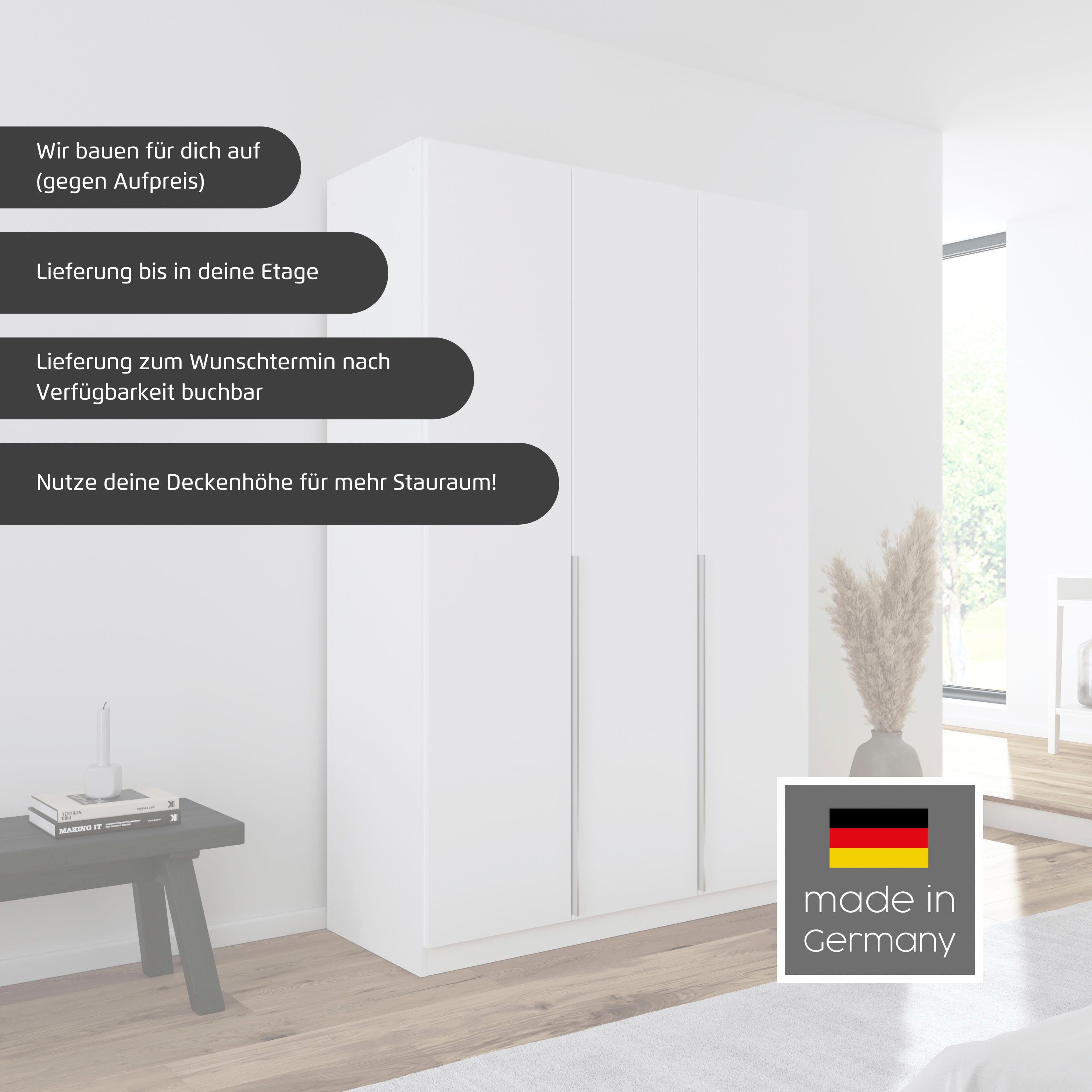 OTTO home Drehtürenschrank Kleiderschrank Schrank Garderobe AGORDO mit Dekor- oder Hochglanzfront (in zwei Griff-Farben, Breiten 91-405 cm) durchdachte Innenausstattung, in 8 Breiten und 2 Höhen MADE IN GERMANY