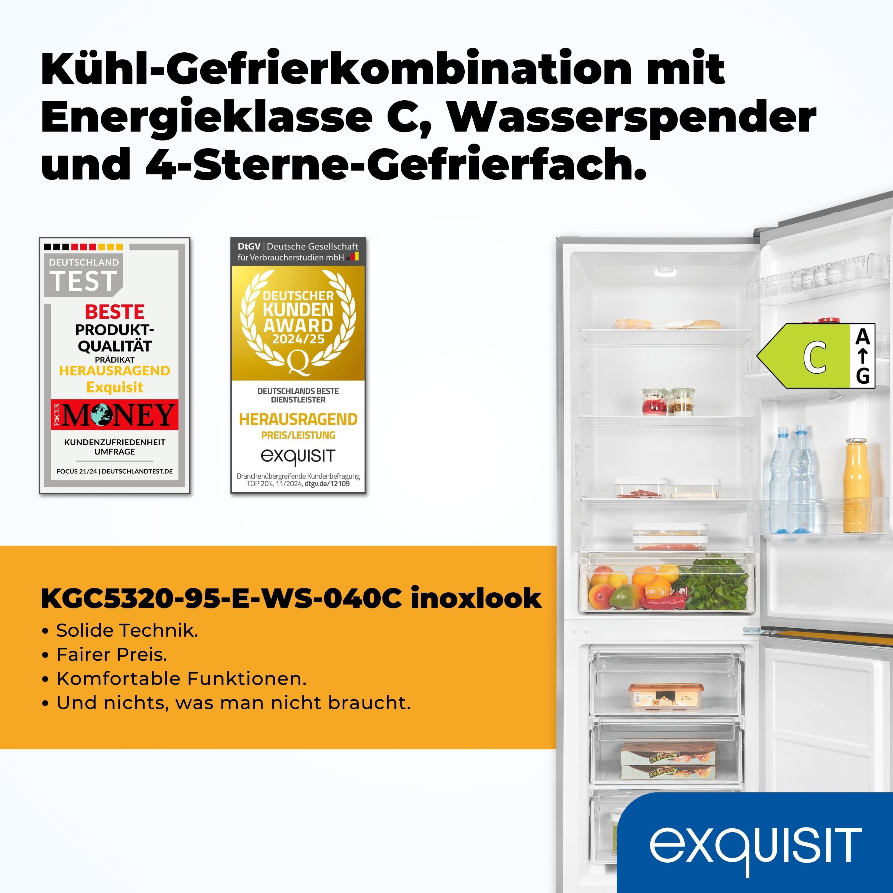exquisit Kühl-/Gefrierkombination KGC5320-95-E-WS-040C, 185.8 cm hoch, 60 cm breit, Kühlschrank mit Wasserspender, 4-Sterne-Gefrieren, Alarm-Funktion