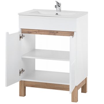 Lomadox Waschbeckenunterschrank SOLNA-56 Waschtischunterschrank 60 cm Hochglanz weiß mit Wotaneiche 60x85x45cm