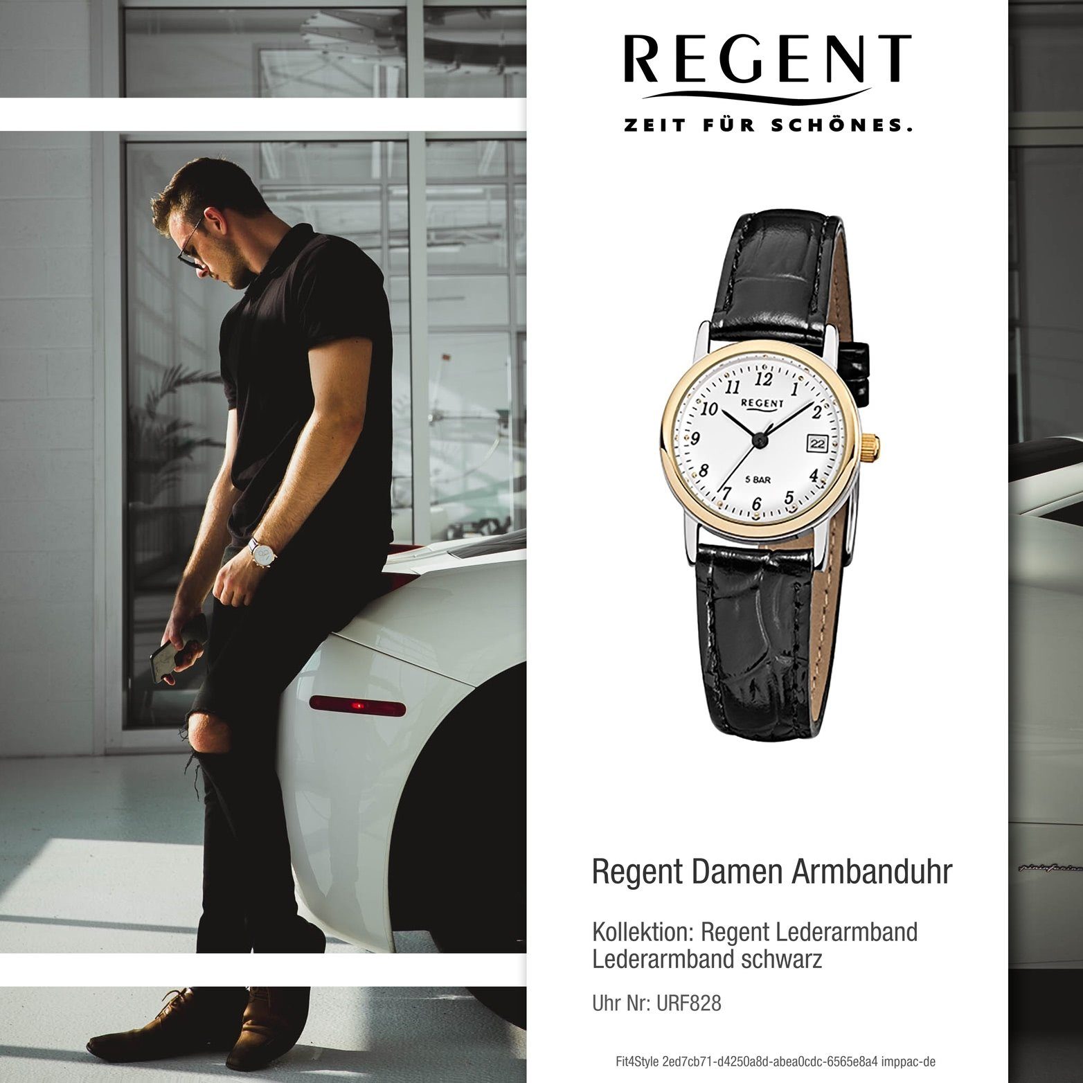 Regent Quarzuhr Regent Leder Damen (ca. F-828 Quarzuhr, schwarz, rundes 25mm) Lederarmband klein Damenuhr Uhr Gehäuse