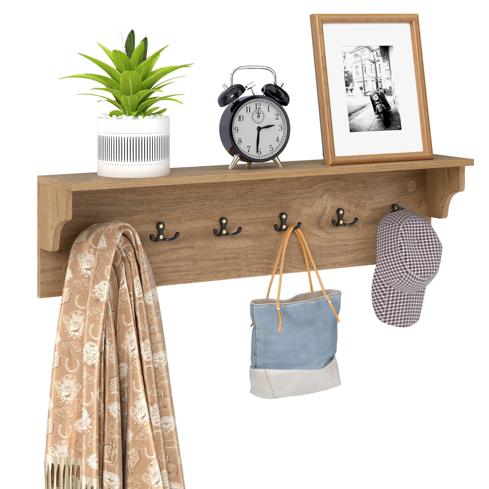 COSTWAY Wandgarderobe, mit 6 Haken und Ablage Wandregal 80×14×20cm