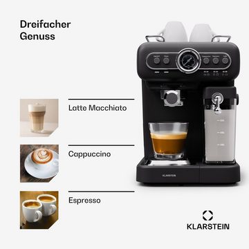 Klarstein Espressomaschine Espressionata Evo Milk, 1.2l Kaffeekanne, Elektrisch 19 Bar Kaffemaschine Tassenwärmer Milchaufschäumer 1,2 L
