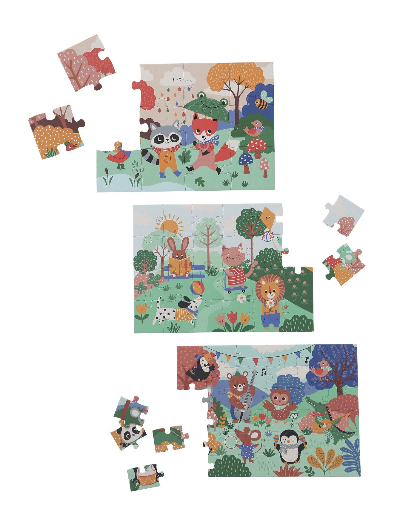 vertbaudet Puzzle 3er-Set Kinder Puzzles HAPPY ANIMALS, 12-36 Teile, Puzzleteile