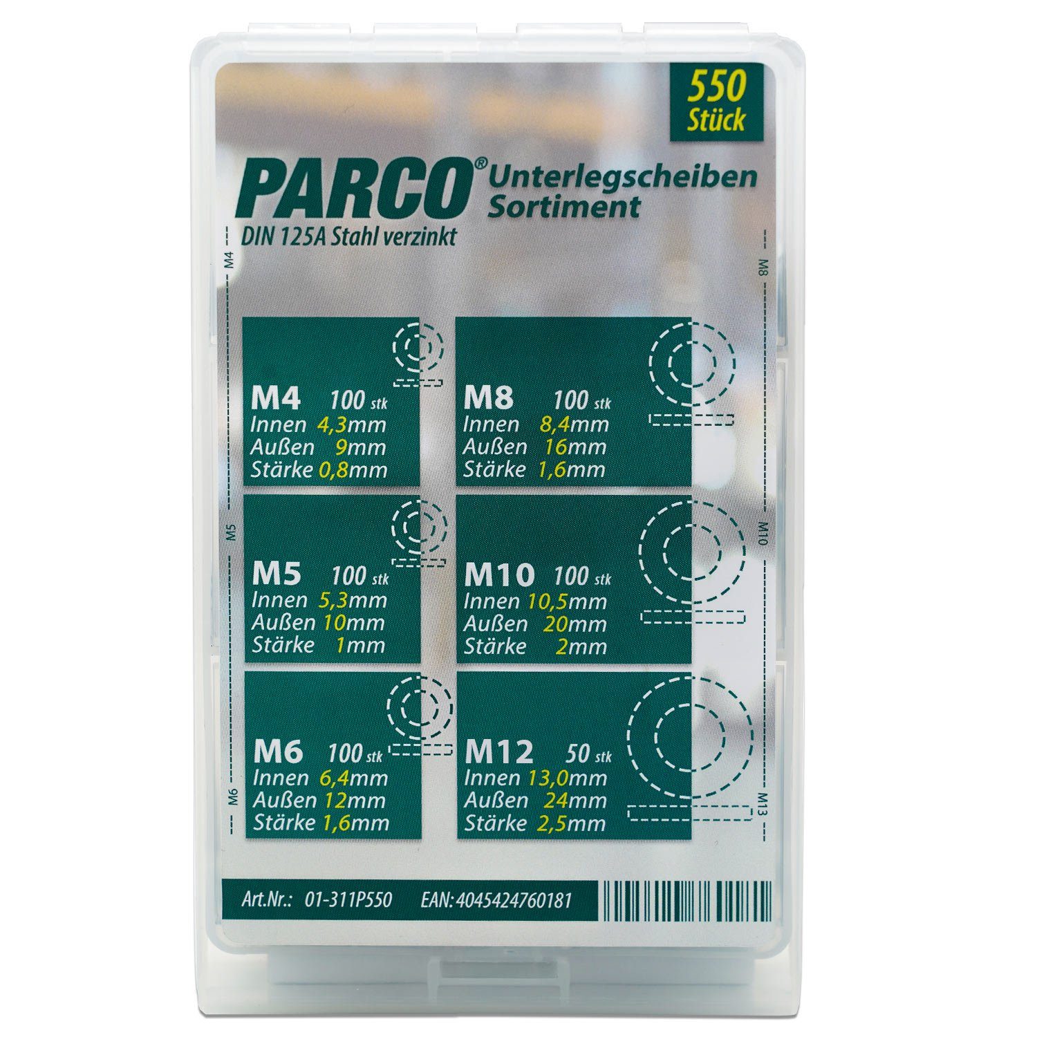 PARCO Unterlegscheibe Unterlegscheiben Sortiment DIN125 A vz. 550 Stück