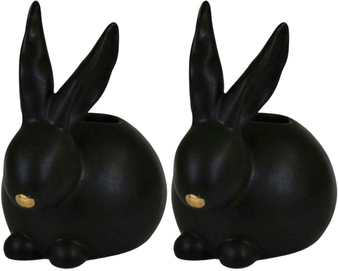 AM Design Kerzenhalter Kerzenständer Hase, Osterhase (Set, 2 St), Osterdekoration aus Porzellan, Höhe ca. 10 cm, Frühjahrsdeko schwarz/goldfarben | Kerzenständer