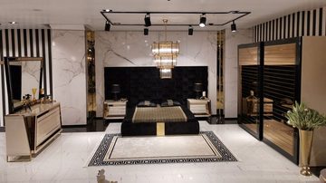 Casa Padrino Kleiderschrank Luxus Schlafzimmerschrank Beige / Schwarz / Gold - Moderner verspiegelter Kleiderschrank mit 2 Schiebetüren - Luxus Schlafzimmer & Hotel Möbel