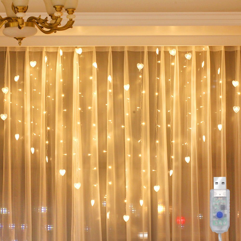 Sunicol LED-Lichterkette LED-Lichterkette, herzförmig,Twinkle Lights, USB-betrieben, für Party, 1.5x2m, 8 Modi, wasserdicht Warmes Weiß