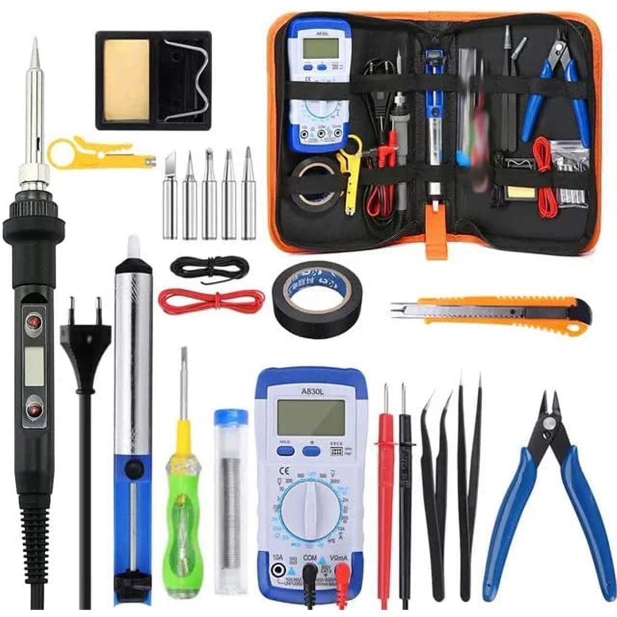 efaso Lötkolben Lötkolben Set LED 90W 180-500℃ Einstellbare Temperatur 20 Teile, max. 500 °C, max. 90 W, elektrisch, 20-tlg., 20 teiliges Lötkolbenset, Inclusive Multimeter und Lötzinn