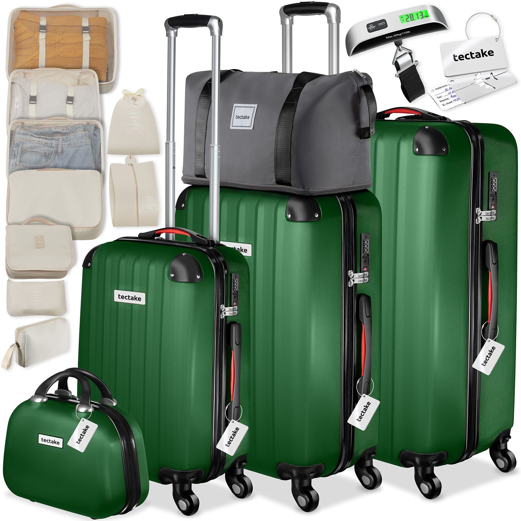 tectake Trolley Hartschalenkoffer-Set 19-teilig aus ABS-Kunststoff, Kofferwaage, 4 Rollen, TSA-Schloss, 360° drehbare, abnehmbare Rollen, mit Packwürfelset