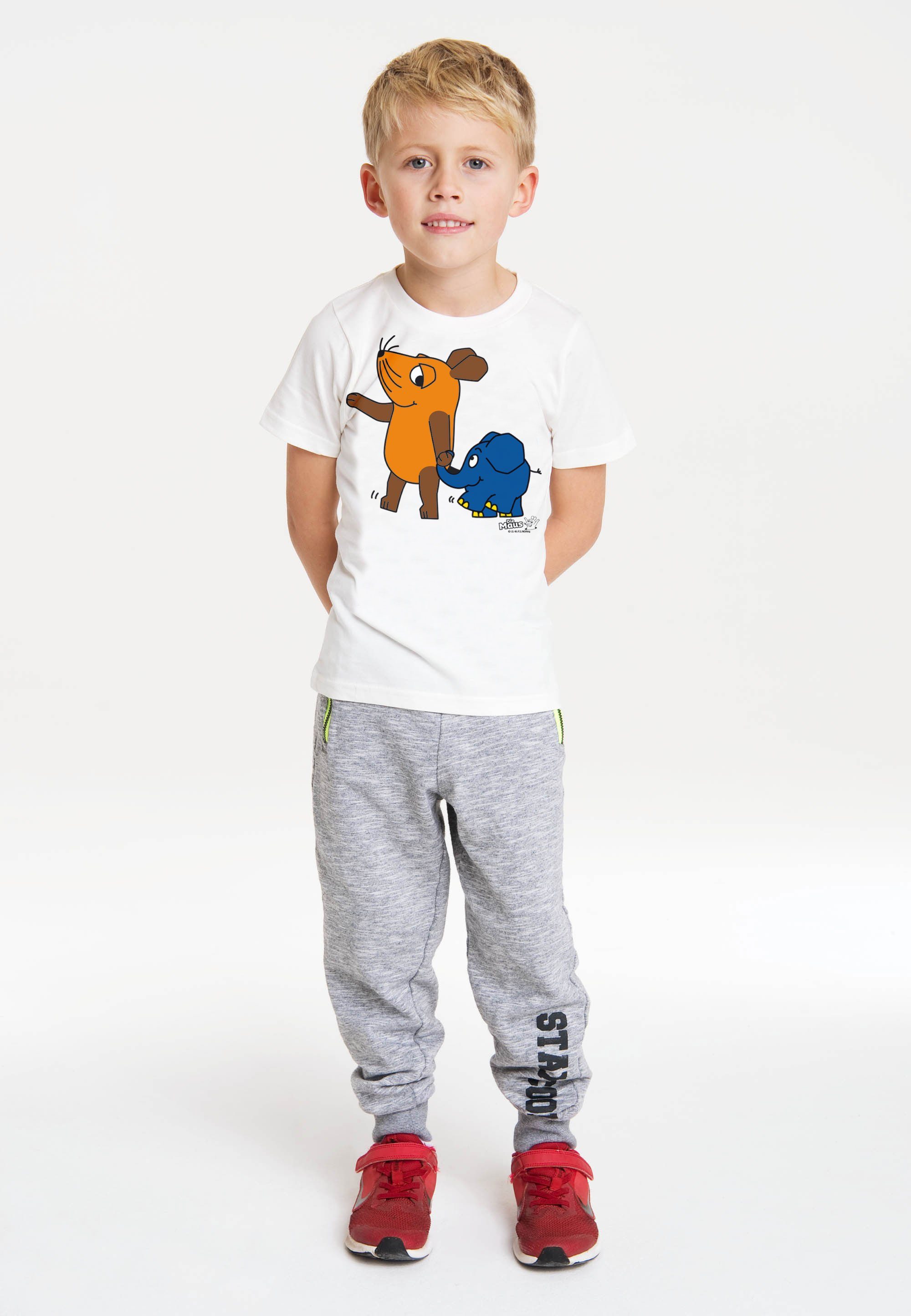 LOGOSHIRT T-Shirt Maus mit Elefant der Maus - mit Sendung Print coolem & altweiß