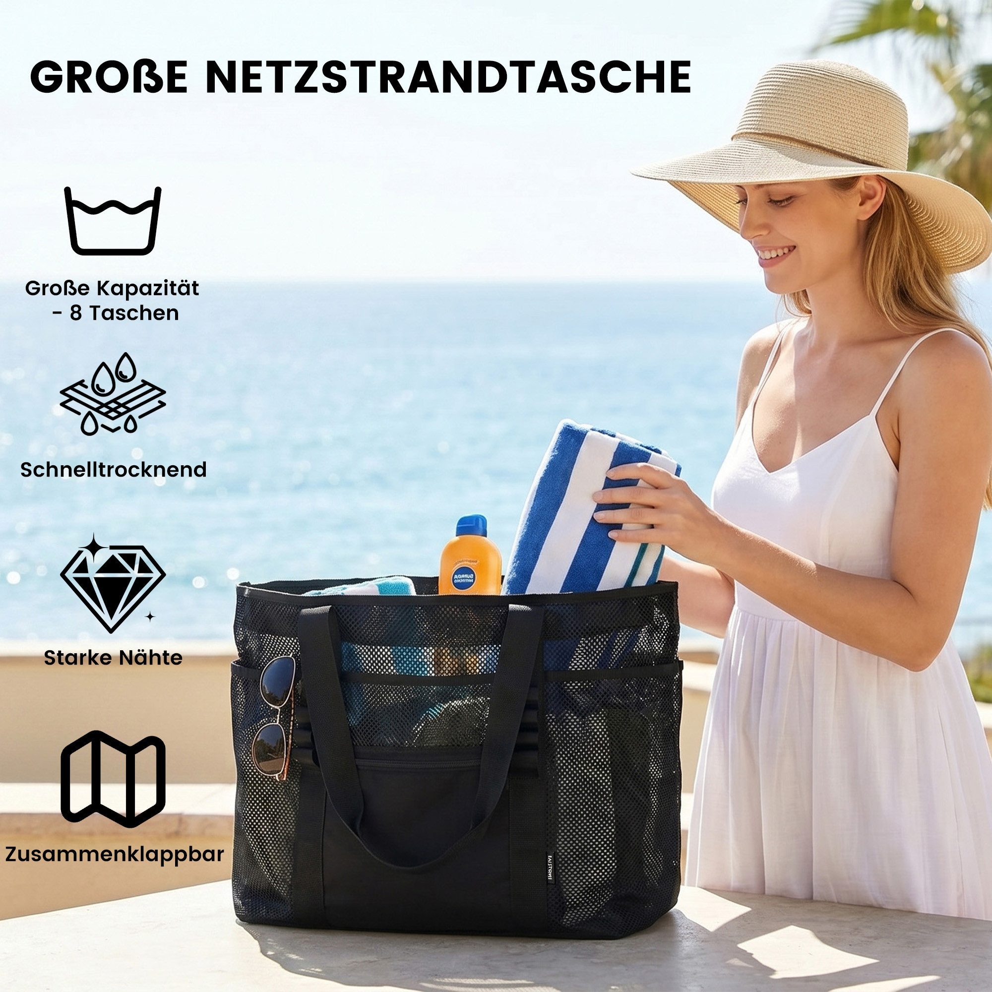 TANTOMI Strandtasche Große Strandtasche mit Reißverschluss mehreren Fächern Wasserdicht, Badetasche XXL Familie Reisetasche Beach Tote Bag