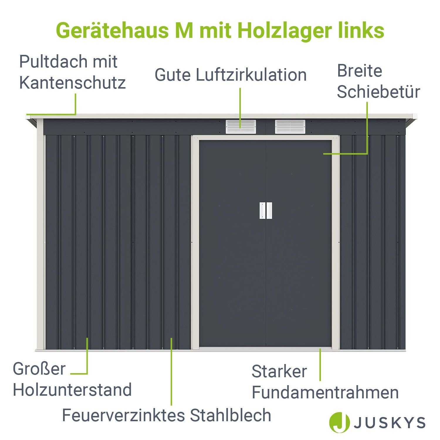 Juskys Gartenhaus M links, BxT: 278x130 cm, mit Holzunterstand links & Fundamentrahmen, wetterfest, stabil