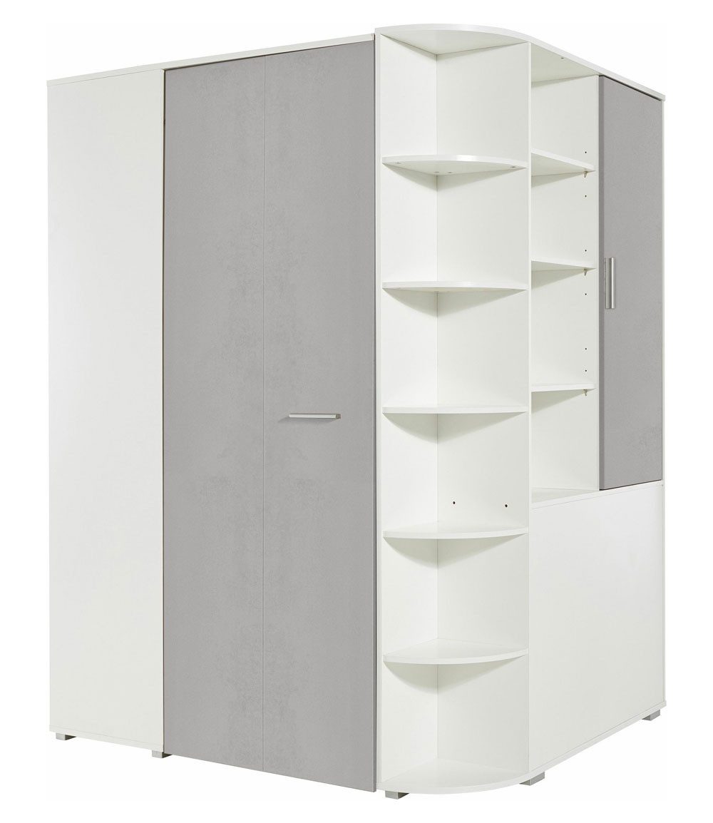 Wimex Eckschrank Joker (1 Tür, 6 Einlegeböden, 3 kleiderhaken, 1 Kleiderstange, 1-St., moderne Optik, begehbar, griffe Alufarben) 124x148x198cm weiß / Beton